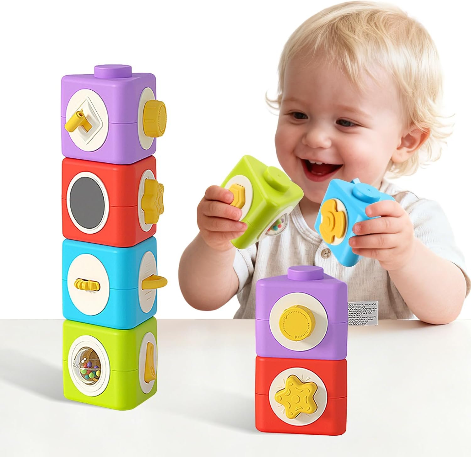 Montessori Activity Cube & Busy Board for 1 Year Old – 12-in-1 Travel Toys for Airplane & Car, Educational Activity Stacking & Sensory Toys for Toddlers 1-2, Easter Basket Stuffers for Toddler