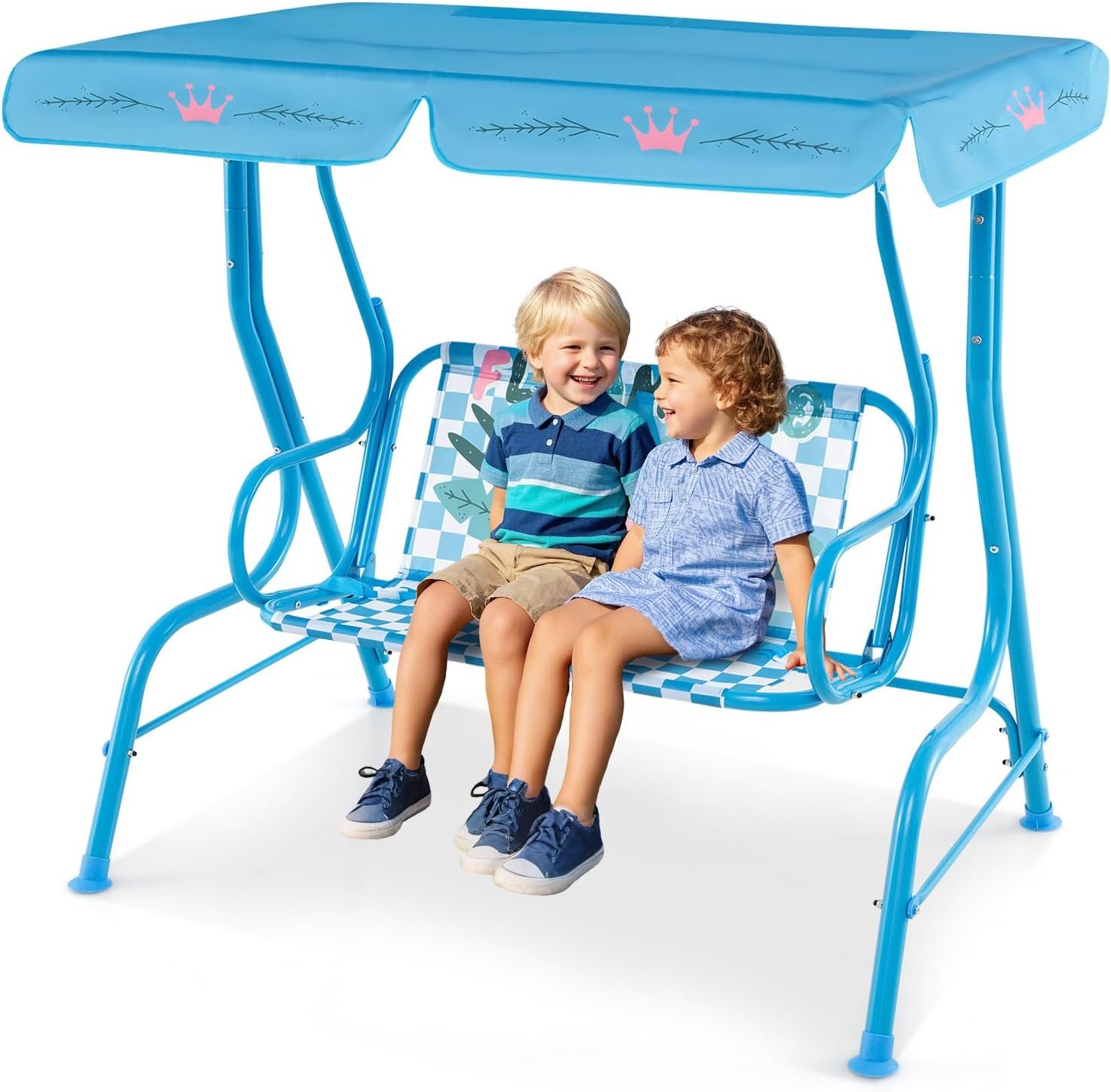 Costzon Kids Porch Swing, All-Weather Patio Swing Bench Hammock w/Adjustable Canopy & Safety Belts for 2 Children, Outdoor Swing for Backyard Garden Balcony Poolside (Blue, Flamingo)