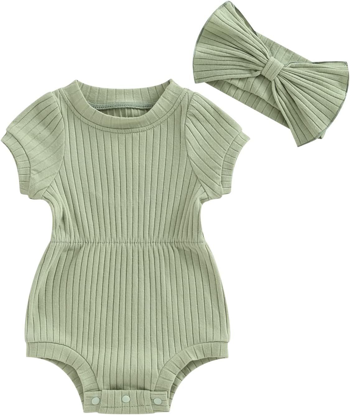 FOCUSNORM Baby Girl Summer Clothes Ribbed Short Sleeve Romper Solid Color Bodysuits Bow Headband Outfit Newborn Girl Jumpsuit