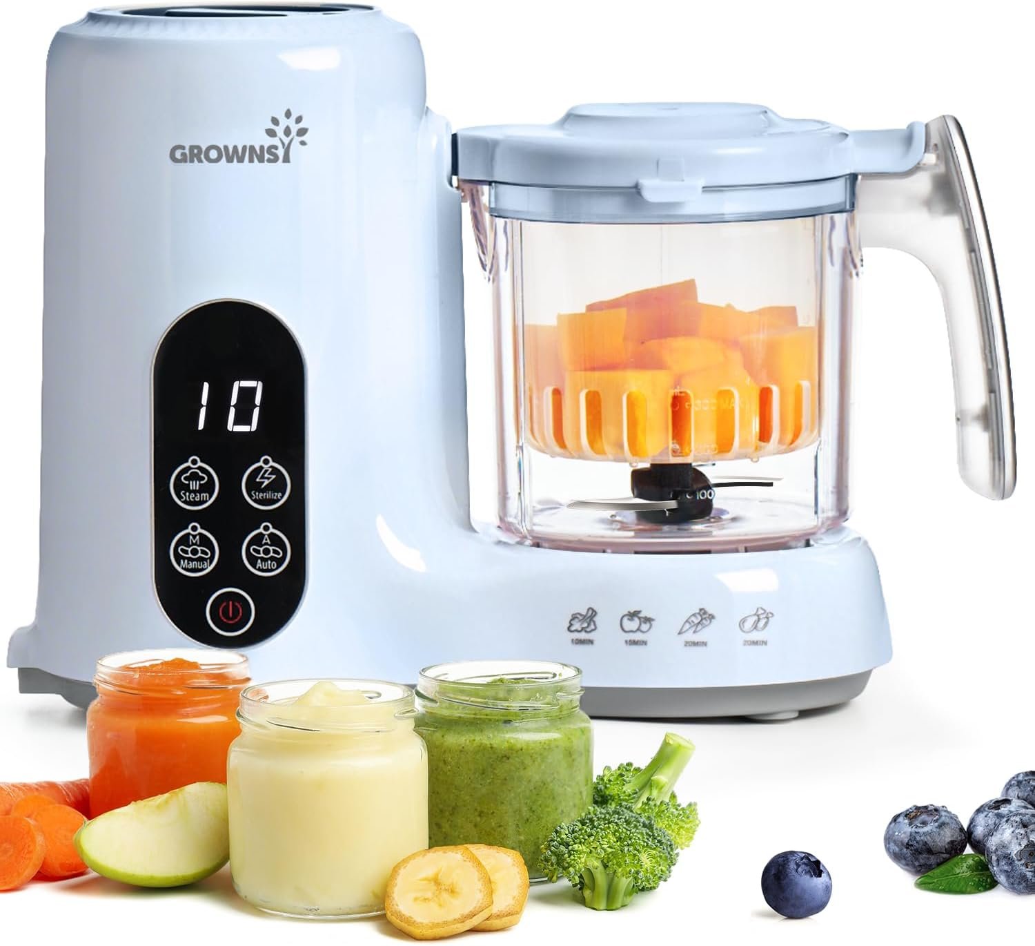 Grownsy Baby Food Maker with Steam Basket, One Step Baby Food Processor Steamer Puree Blender Grinder Mills Machine, Auto Cooking Grinding and Sterili-zing for Healthy Homemade Baby Food, Blue