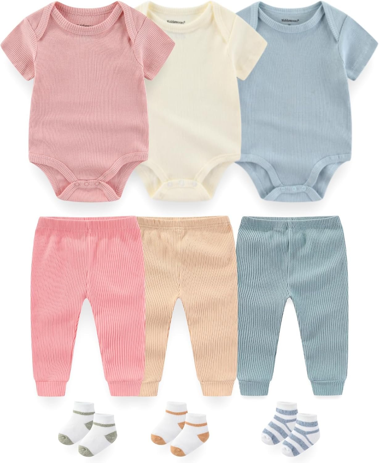 Baby Layette Gift Set 9-Piece Baby Bodysuits and Pant Socks Set Infant Boy Girl Clothes Outfits