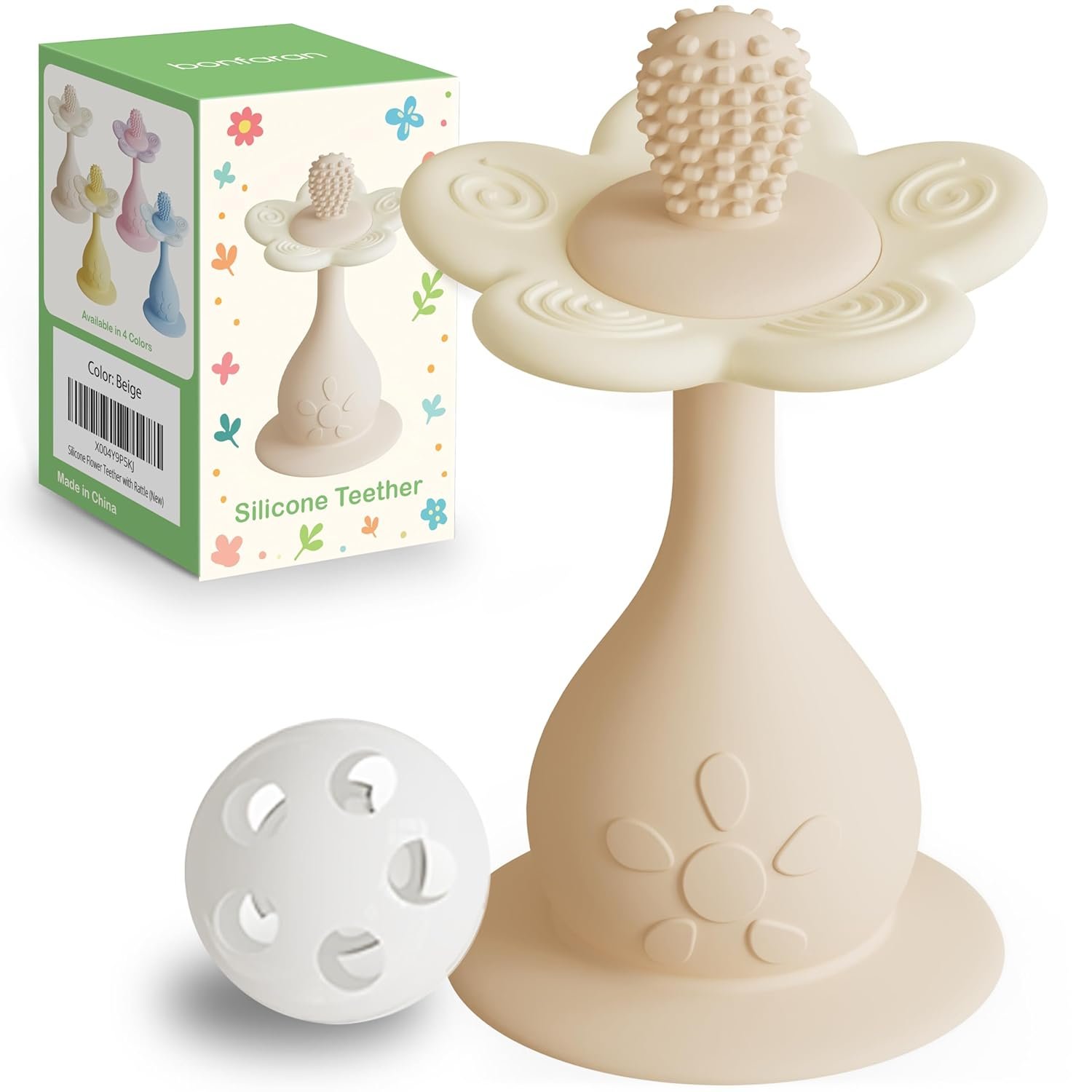 Silicone Baby Teething Toy – Flower Teether & Rattle for Infant, Multi-Texture 360° Teething Relief, Anti-Choking Guard, Stand-Up Base, Food Grade BPA-Free, Sensory Toy 0–24 Months (Beige)