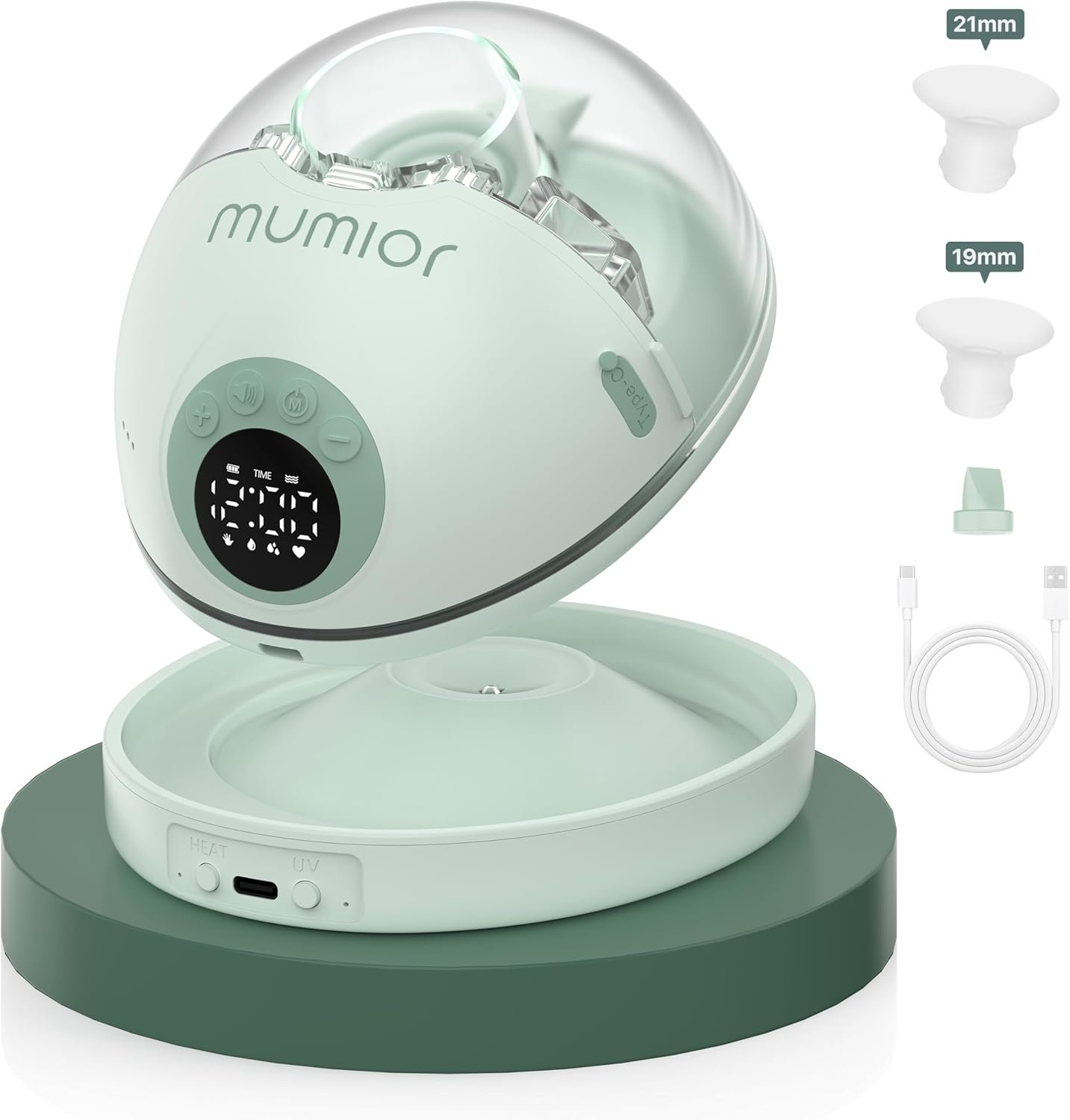 Heated Base Hands Free Breast Pump, Wearable Breastfeeding Pump of Baby Heated Dustproof Base, Voice Prompts LED Display with 4 Modes &12 Levels Memory Function-24 mm, Christmas Gift,1 Pack Green