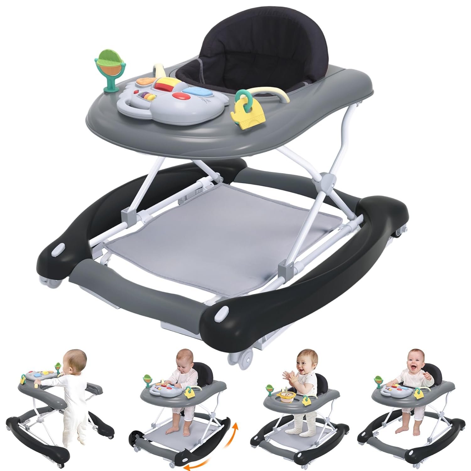 Foldable Baby 5-in-1 Activity Walker – Rocker, Activity Center, Bouncer, Seat Walker, Push Walker – Adjustable Speed Rear Wheels and Height Toys Ages 6-18 Months… (Black)