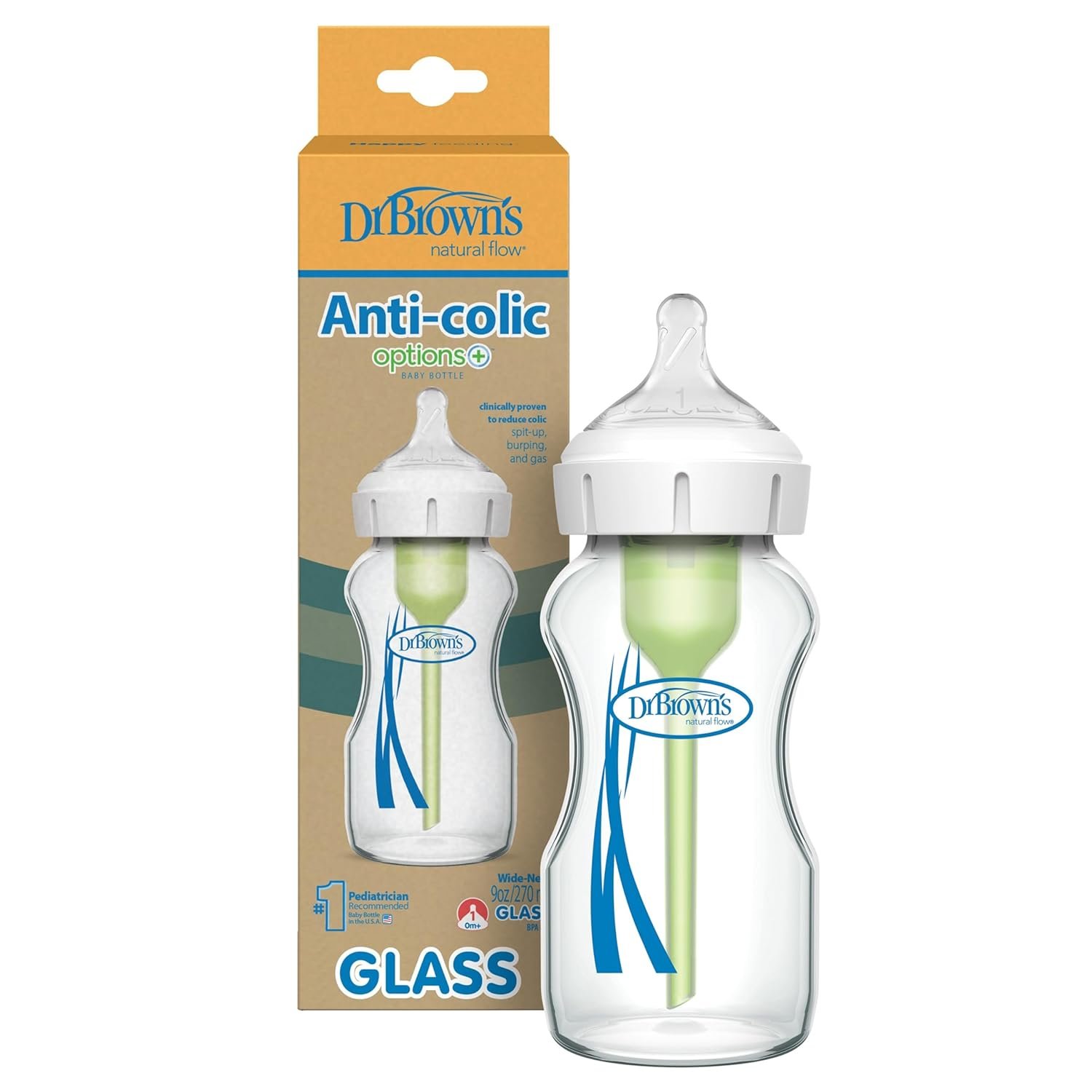Dr. Brown’s Natural Flow Anti-Colic Options+ Wide-Neck Glass Baby Bottle 9 oz/270 mL,with Level 1 Slow Flow Nipple,1 Pack,0m+