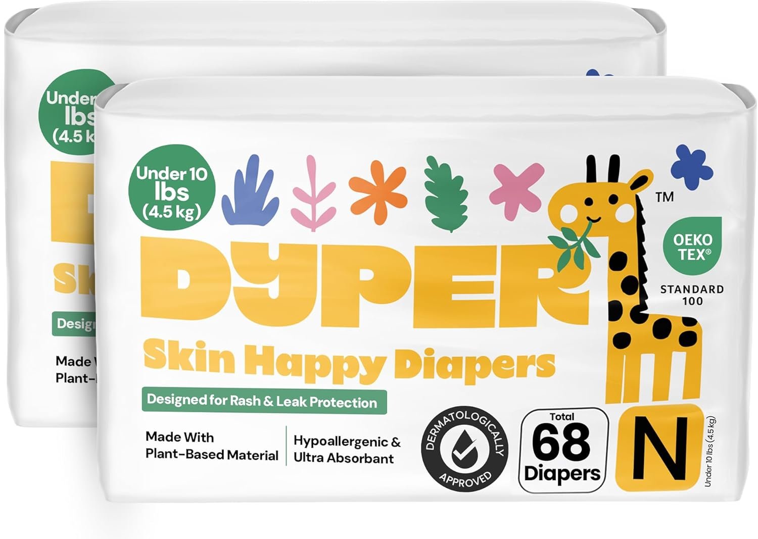 DYPER -Pack of 2 Newborn Baby Diapers Leak Proof Plant Based Hypoallergenic & Ultra Absorbent Disposable Diaper for Day & Overnight Skin-Friendly Comfort | Soft Newborn Diapers (Under 10lbs)