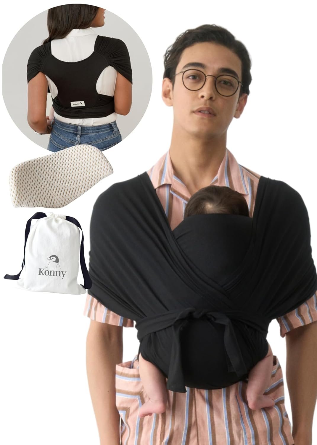 Konny Baby Carrier Flex SoftBreeze with Head Support – Adjustable, Easy to Wear, Hands-Free Breathable Baby Wrap Sling, Perfect for Newborn Babies Essentials up to 44 lbs (XS-XL) – Black