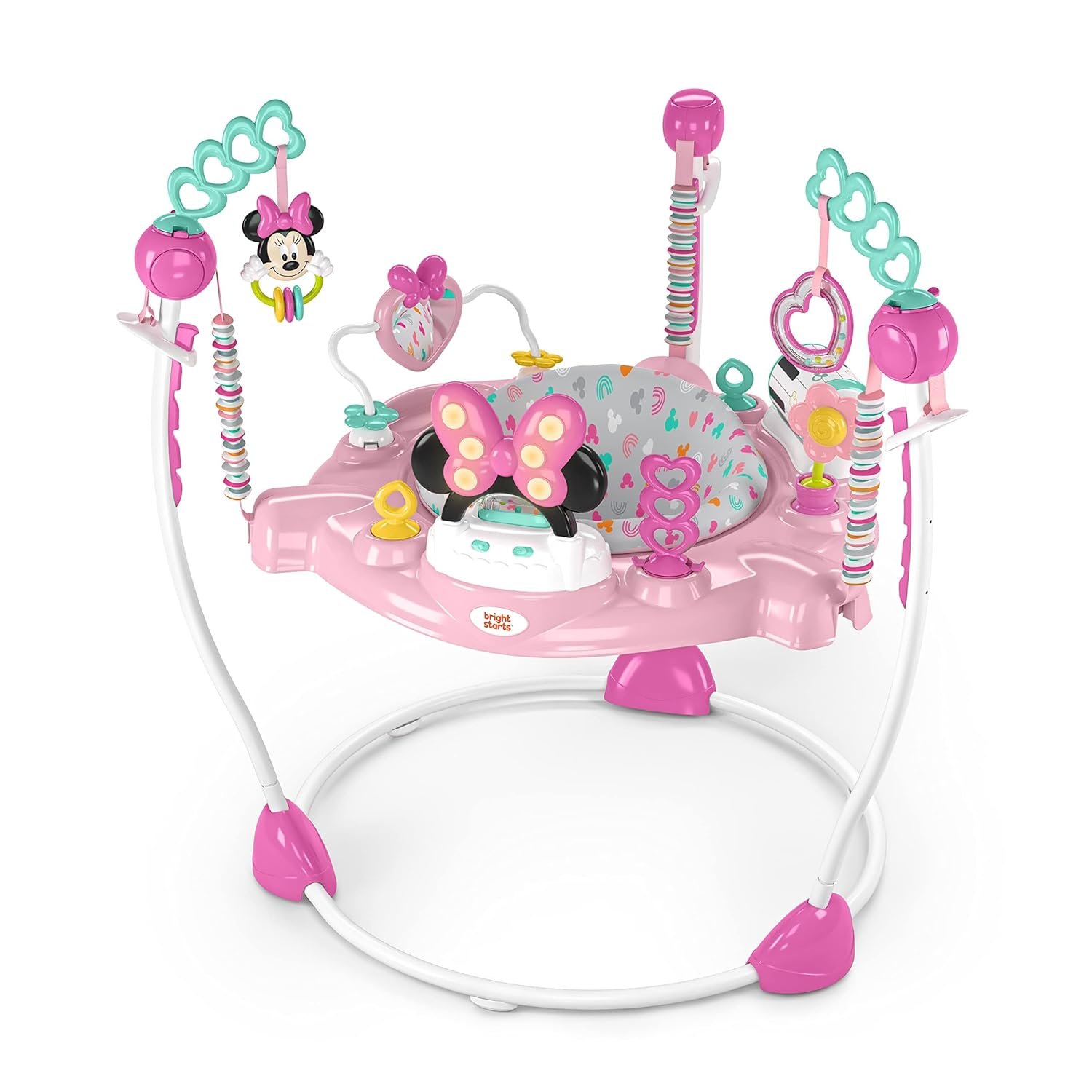 Bright Starts Disney Baby Minnie Mouse Forever Besties Baby Activity Center Jumper with 10 Toys, Lights & Sounds, 360-Degree Seat, 6-12 Months (Pink)