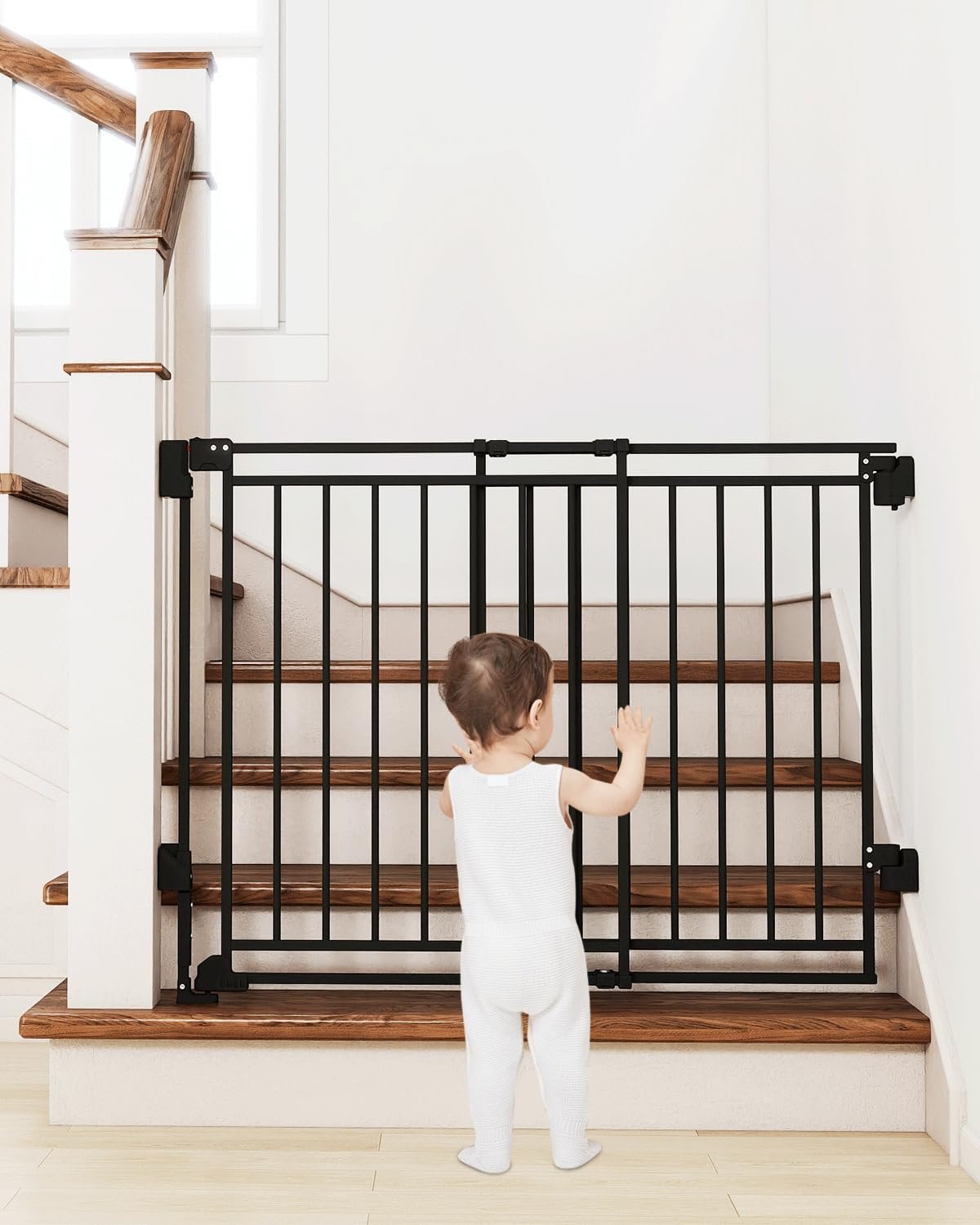 Miumoon 29-45″ No Bottom Bar Baby Gate for Stairs, 2-in-1 Auto Close Dog Gate Indoor with Large Walk Thru Door, Hardware Mount Pet Gate for Top and Bottom Stairs