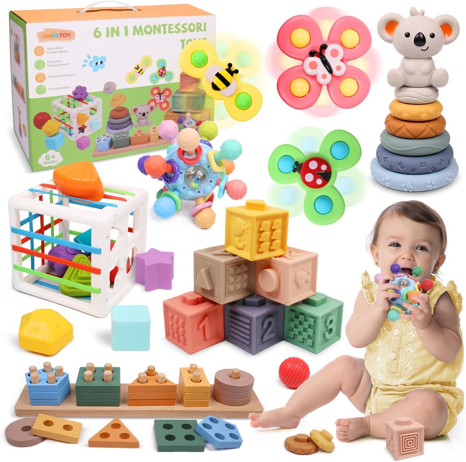 YHHYTOY 6-in-1 Montessori Baby Toys 0-6 6-12 Months, Infant Teething Toys Soft Stacking Blocks Rings Shape Sorter Sensory Fidget Spinners for Toddler 1-3, First Baby Gift Set for 6 Month Old Girl Boy