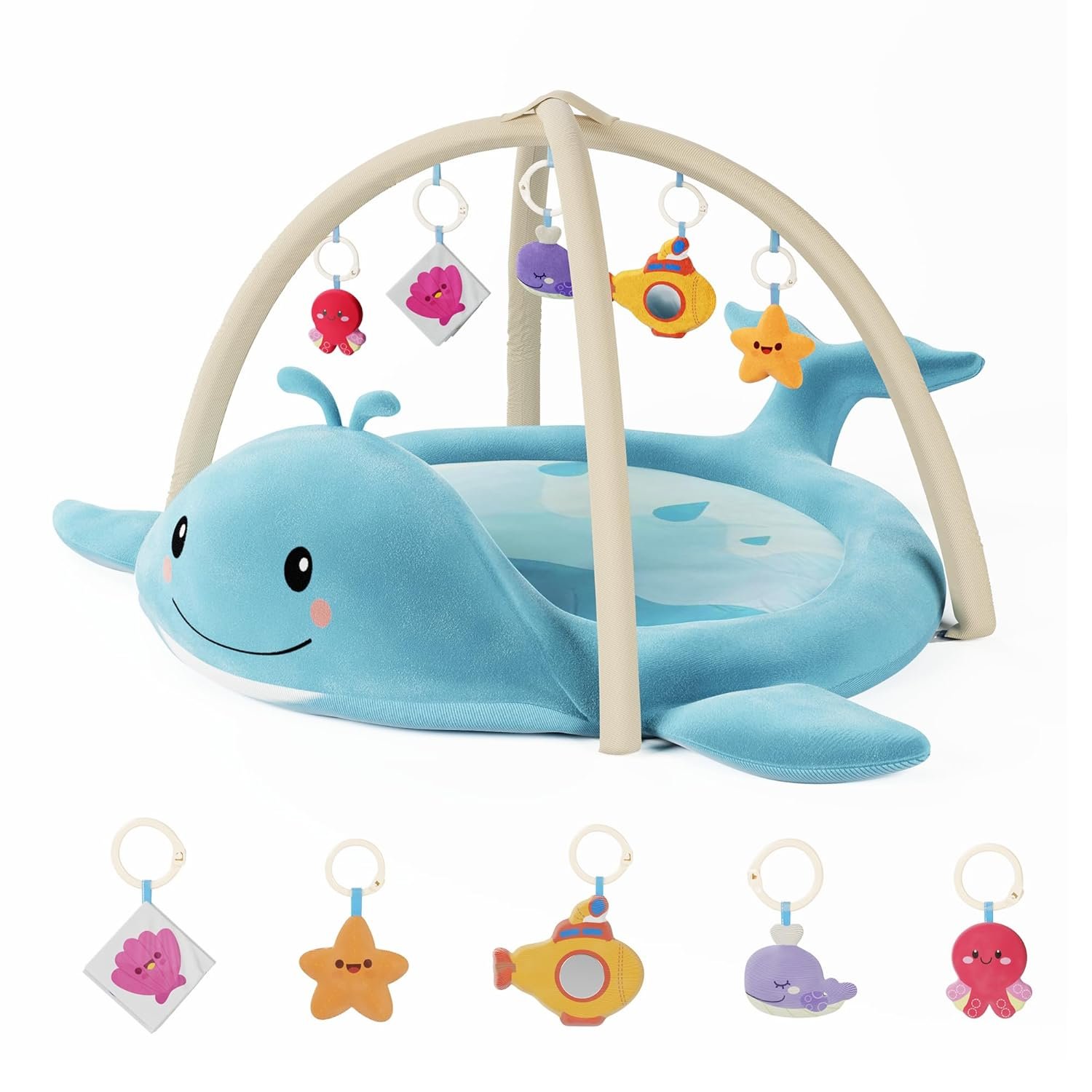 Baby Play Mat, Whale Tummy Time Mat with Toys, Baby Activity Gym for Infants 0–12 Months Sensory Floor Mat for Boys & Girls