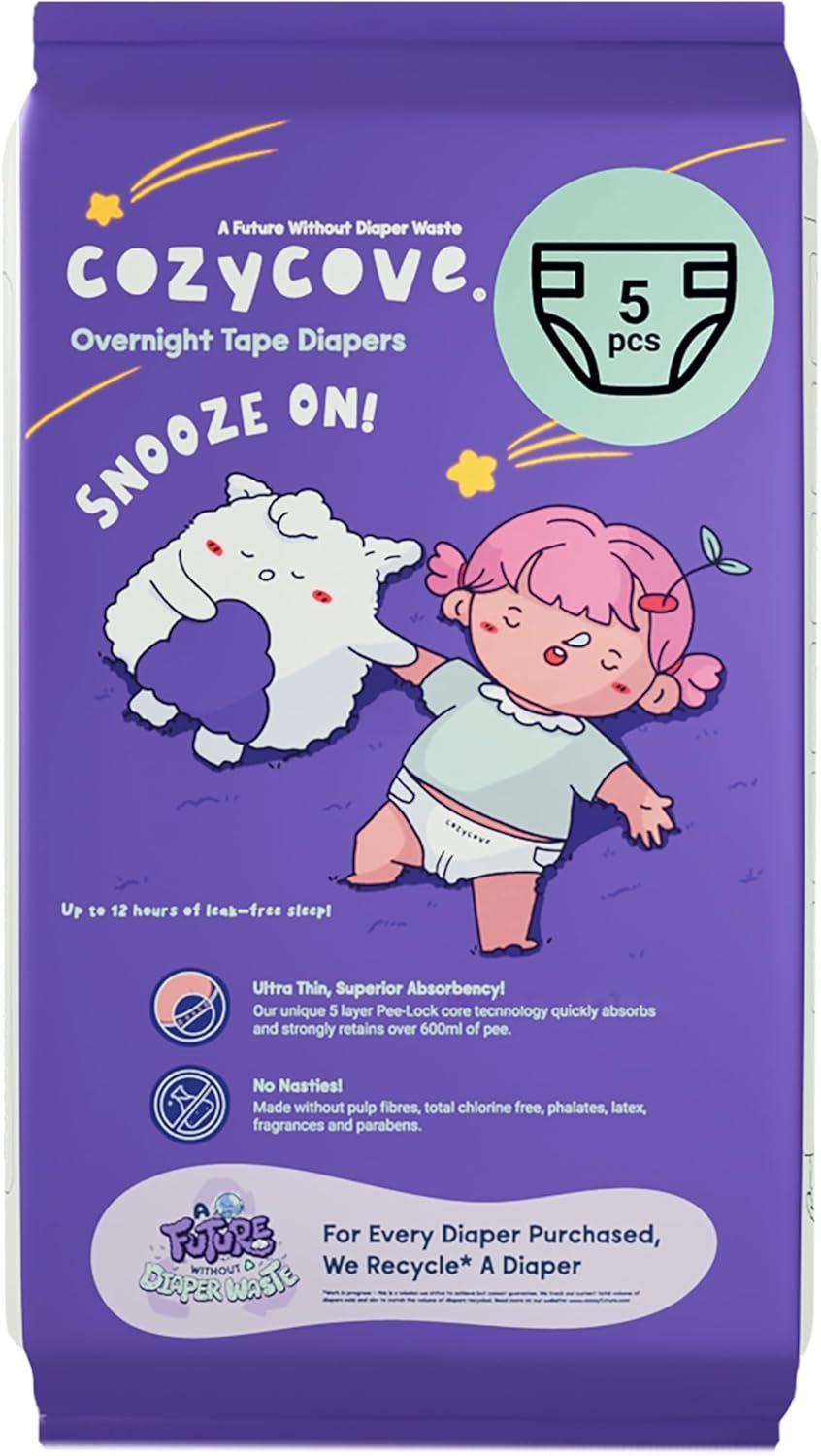 Cozycove Newborn (6-11 lbs) Diapers | Totally Chlorine Free, Fragrance Free | Wetness Indicator | Snooze On Slim Overnight Tape Diapers | 5 Count Travel Pack