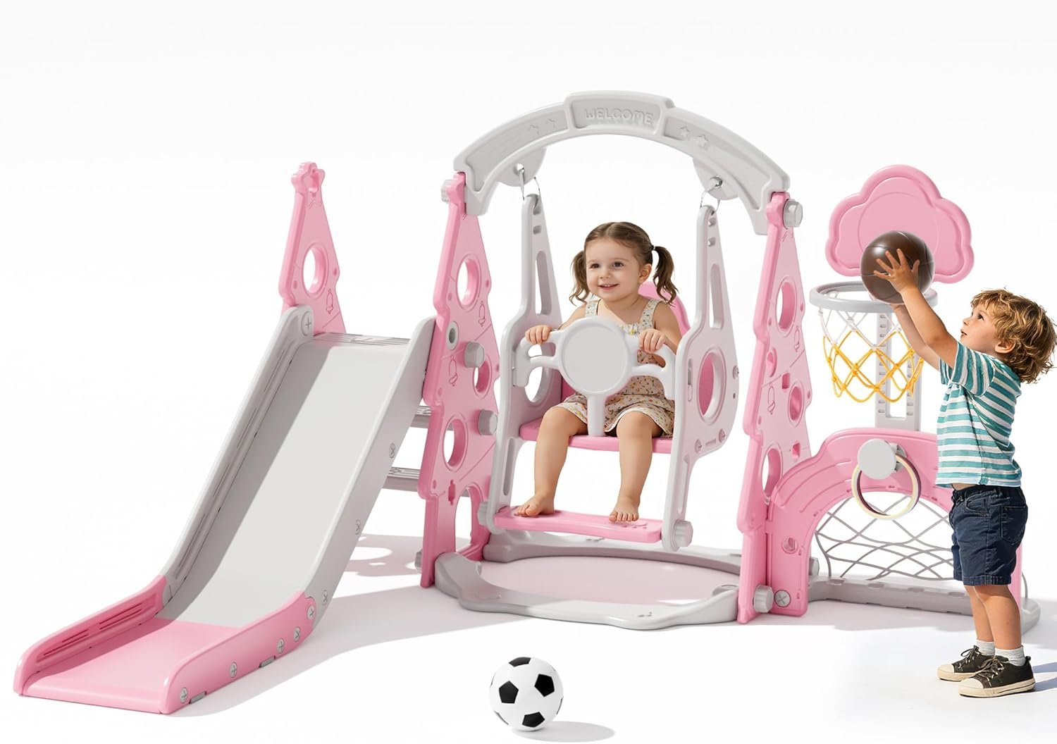 XJD 6-in-1 Toddler Slide and Swing Set, Kids Slide for Toddlers Age 1+, Toddler Outdoor Playset with Basketball Hoop, Football Frame, Swing, Christmas Birthday Gifts for Kids (Light Pink)
