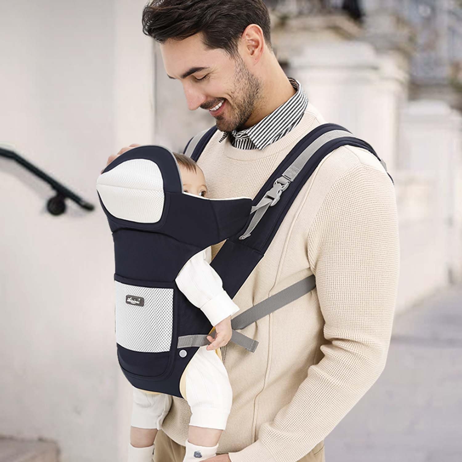 Baby Carrier Ergonomic M Position, Head Support,Newborn to Toddler and Breathable Mesh,Adjustable RemovableBaby Baby Sling Carrier,Grey