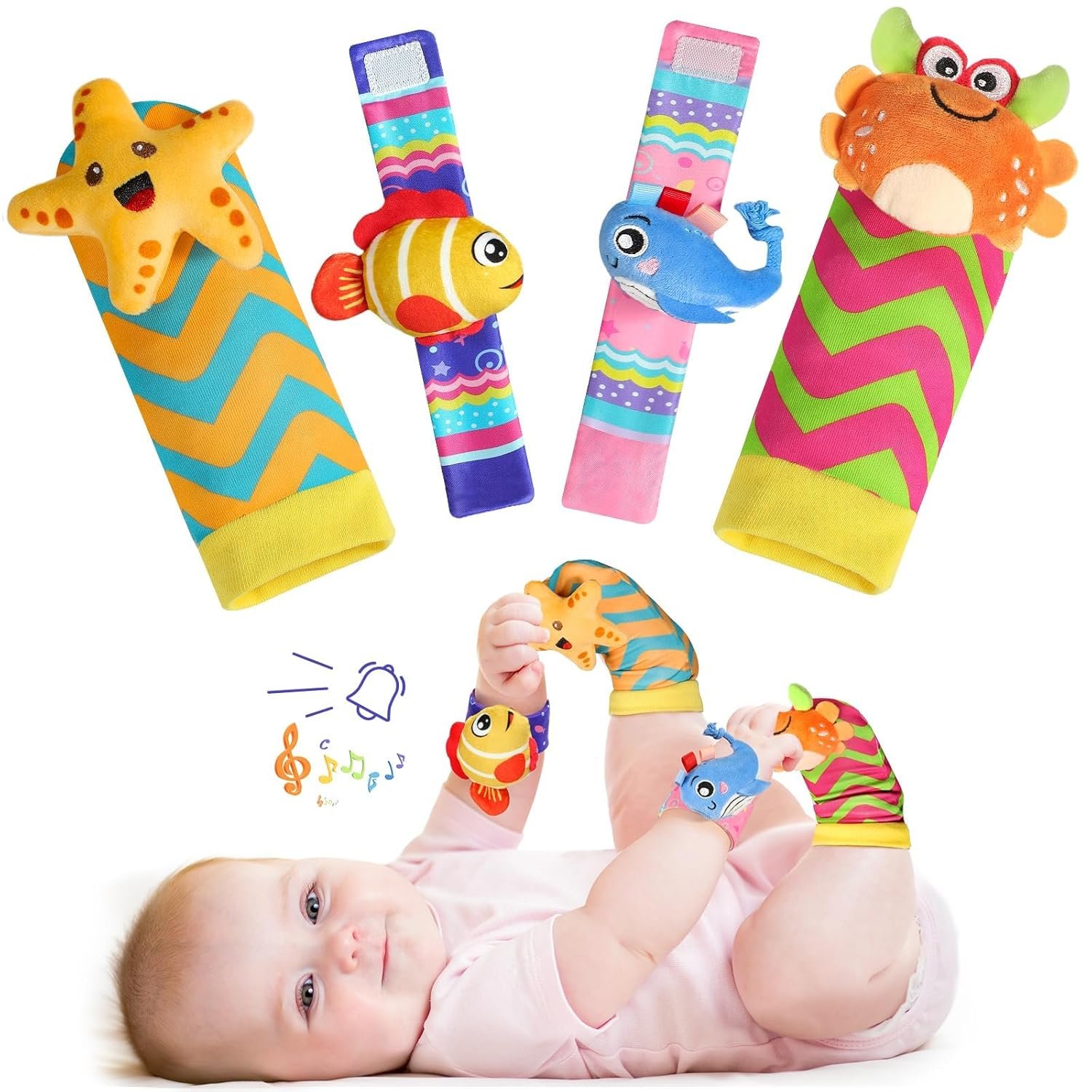 URMYWO Wrist Rattles for Baby – Rattle Socks – Foot Finder Set – Baby Toys for 0-12 Months Infant – Newborn Essentials – Early Learning Sensery Toys for Boy Girl as Shower Gifts