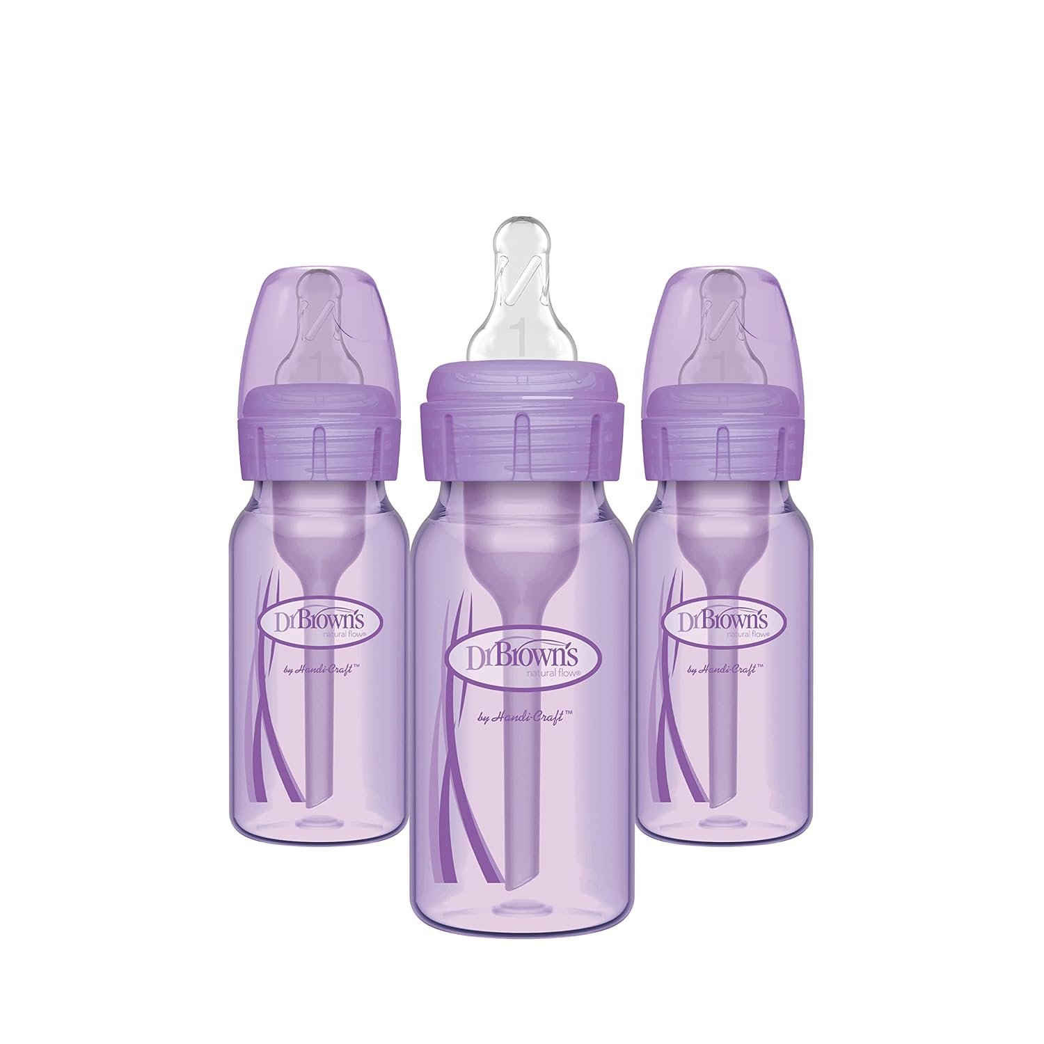 Dr. Brown’s Natural Flow Anti-Colic Options+ Narrow Baby Bottles 4 oz/120 mL, with Level 1 Slow Flow Nipple, Lavender, 3 Pack, 0m+