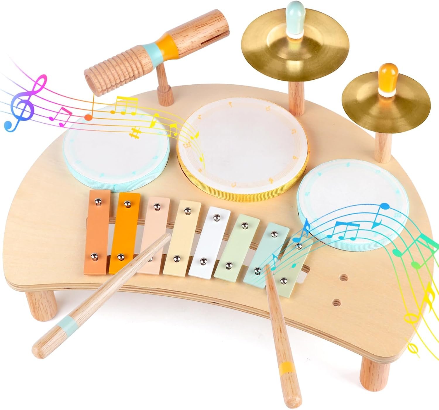 Kids Drum Set Montessori Musical Instruments for Toddlers 1-3, Wooden Baby Drum Kit with Xylophone, Preschool Music Toys for Early Learning, Educational Birthday Gift for Boys Girls (Multicolored)