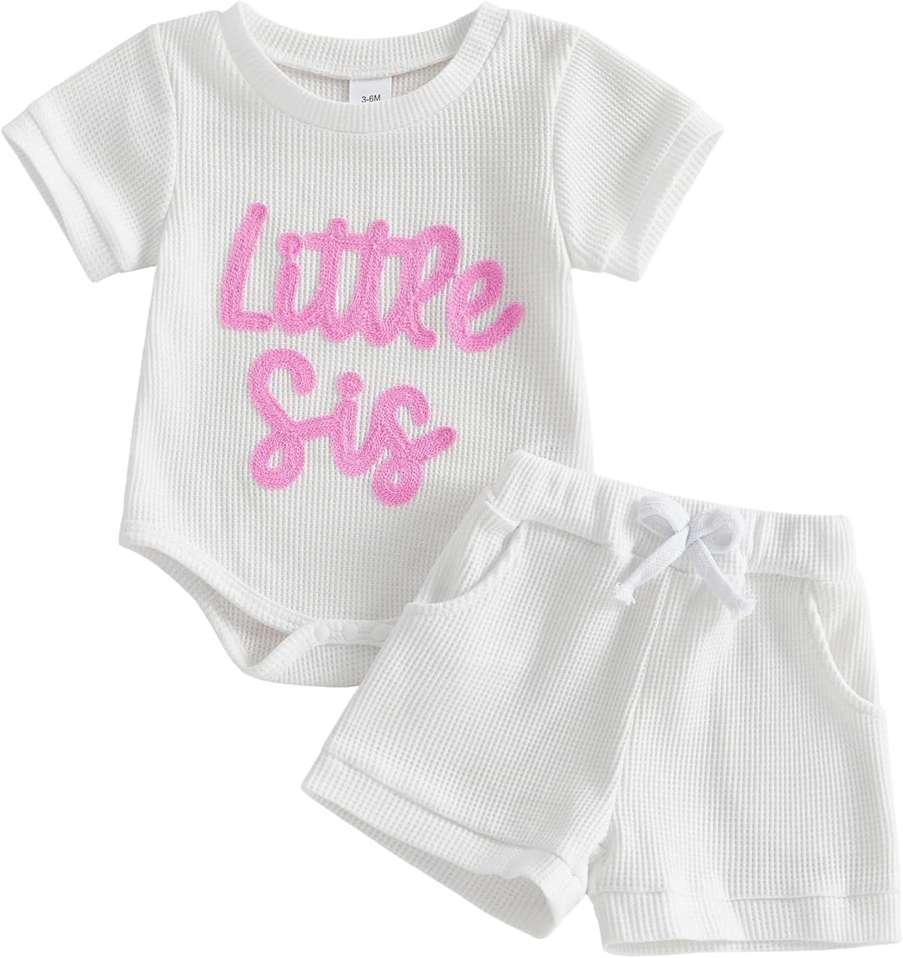 allshope Newborn Baby Girl Summer Outfit Romper Little Sister Lil Sis Embroidery Jumpsuit Tops Shorts Infant Waffle Clothes