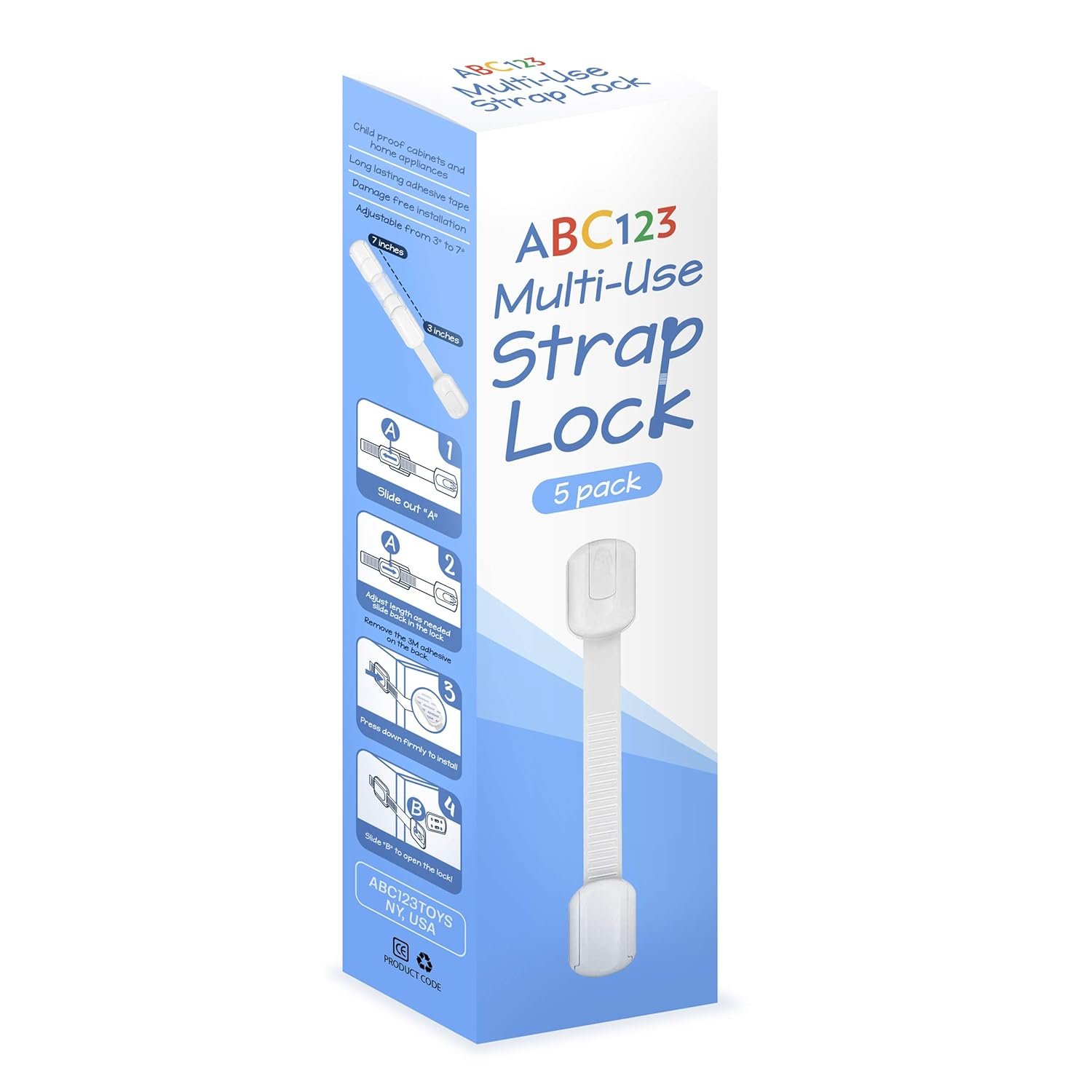 ABC123 – Child Safety Strap Locks (5 Pack) for Baby Proofing Cabinets, Drawers, Fridge & Toilets – Adjustable Strap Latches with Strong Adhesive, No Drilling Needed