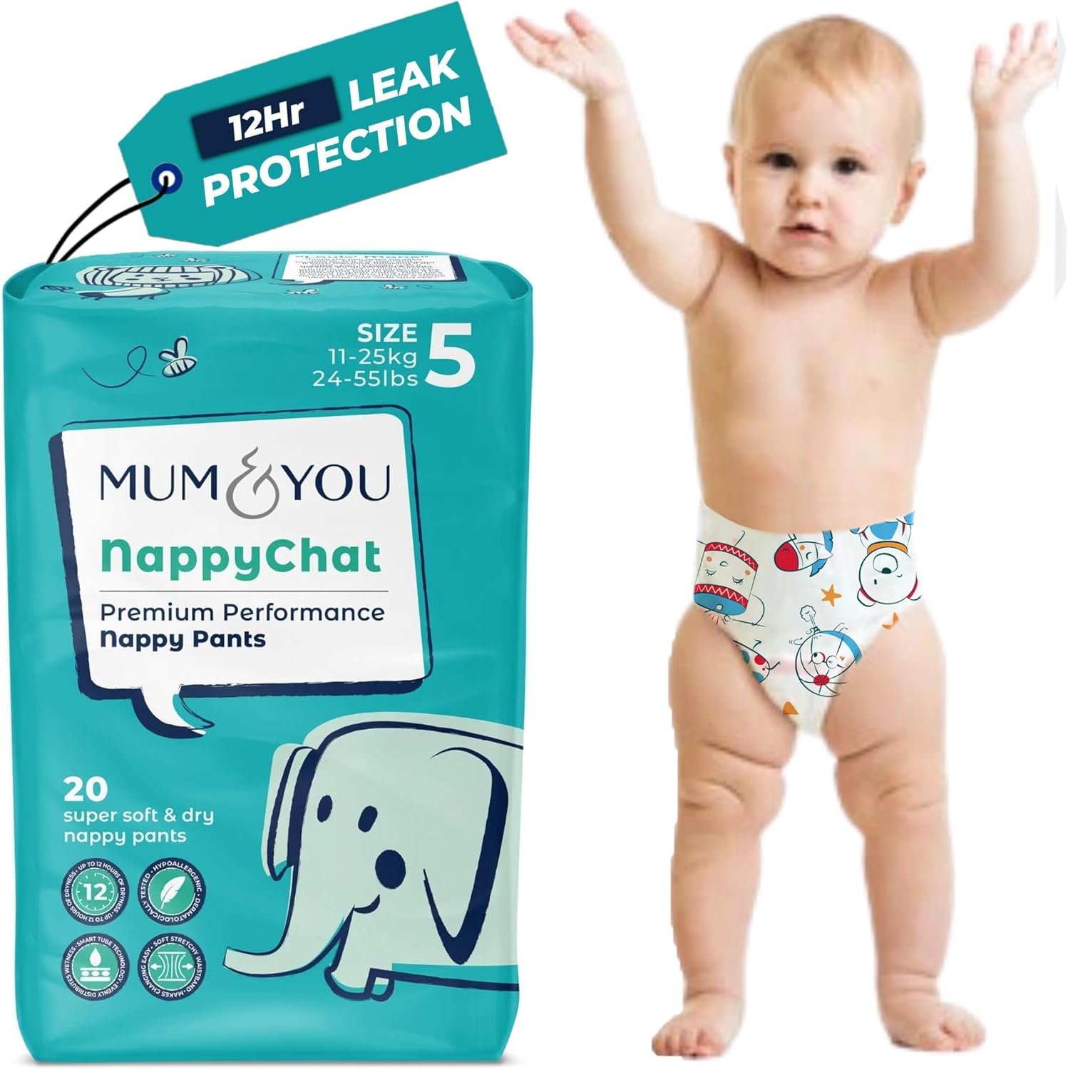 Mum & You Nappychat Premium Performance Eco Diaper Pants, Size 5 (20 diapers) Smart Tube Technology Leak Protection. 100% Recyclable. Hypoallergenic, Dermatologically-Tested. No Lotion, Perfume or Dye