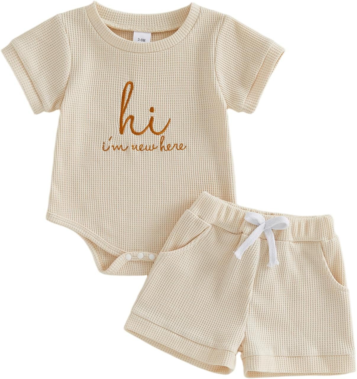 Douhoow Newnorn Baby Summer Clothes Infant Girls Boys Short Sleeve Letter Embroidery Baby Waffle Romper Shorts Set