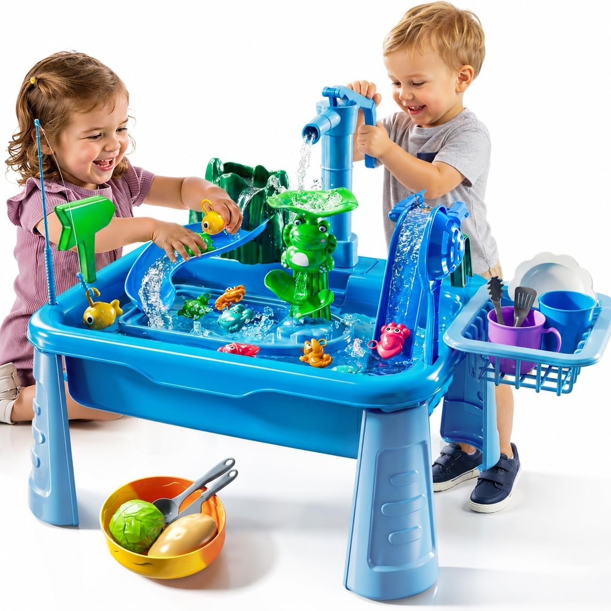 Water Table for Toddlers 1-3- Kids Play Sink with Pump and Running Water, Water Table for Kids Ages 4-8 with Fishing Games, Summer Outside Sensory Gift Toys for Boys and Girls 2 3 4 5 6 7 8