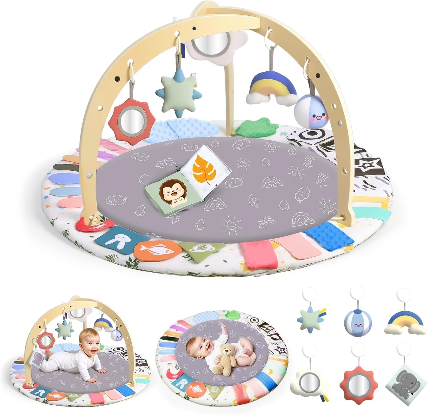 Baby Play Gym Activity Mat, WOOD CITY Tummy Time Play Mat for Babies 0-6 Months with 6 Detachable Newborn Infant Toys, Promote Motor Skills & Sensory Development Baby Essentials Gift