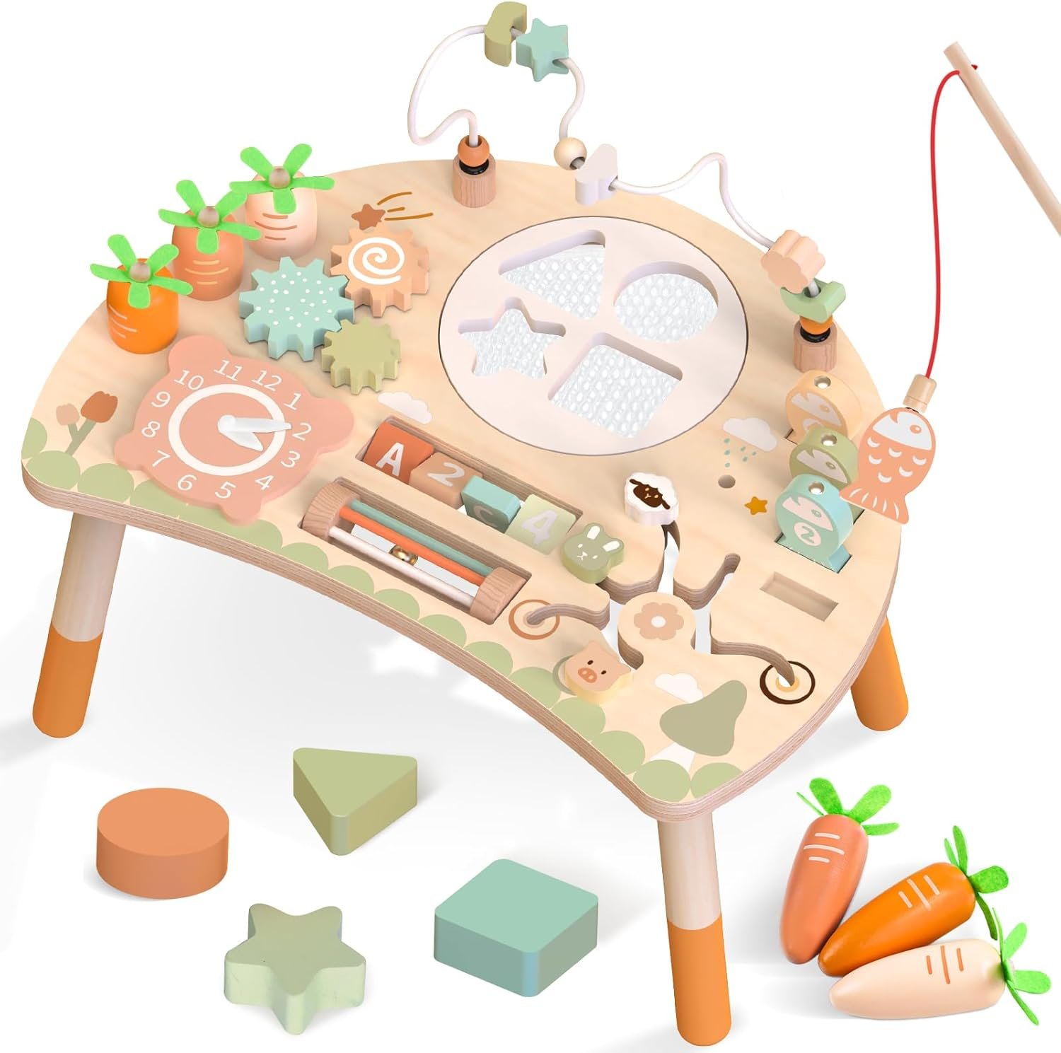 Wooden Activity Table for Toddlers 1-3, 9 in 1 Montessori Sensory Table with Bead Maze Shape Sorter Fishing Game, Baby Activity Center Learning Toys for 1 2 3 Year Old Boys Girls