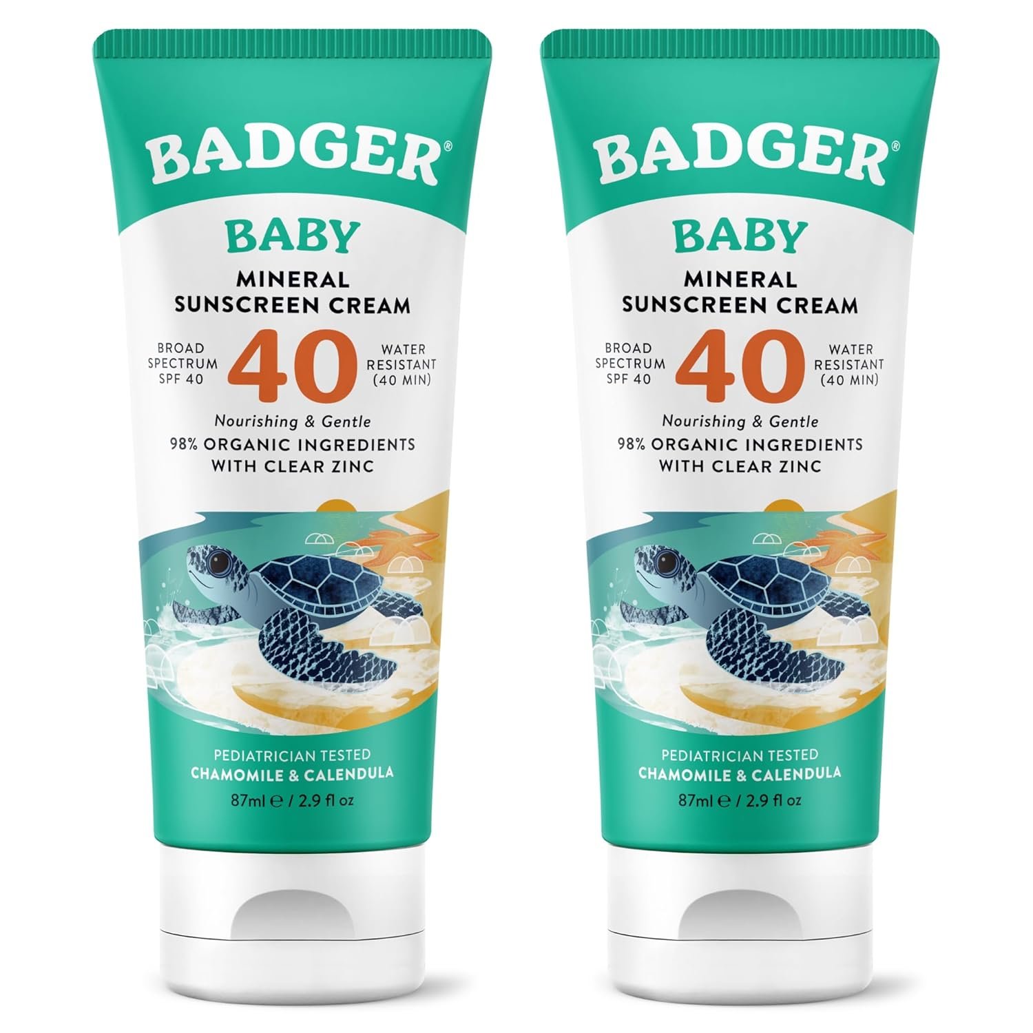 Badger Mineral Baby Sunscreen Cream SPF 40, 98% Organic Toddler Sunscreen with Zinc Oxide, Broad Spectrum, Reef Safe, Water Resistant, Pediatrician Tested Baby Sunblock, 2.9 fl oz, 2-Pack