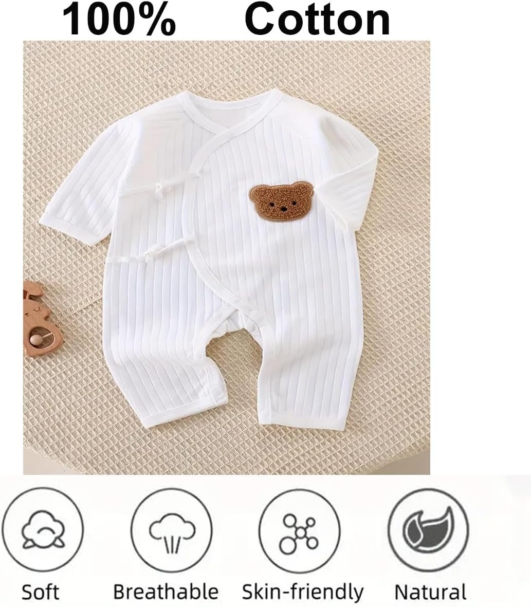 Newborn Baby Cotton Onesie, Cute Bear Patched Casual Long Sleeve Bodysuit, Toddler & Infant Boy’s Girl’s Comfortable Clothing