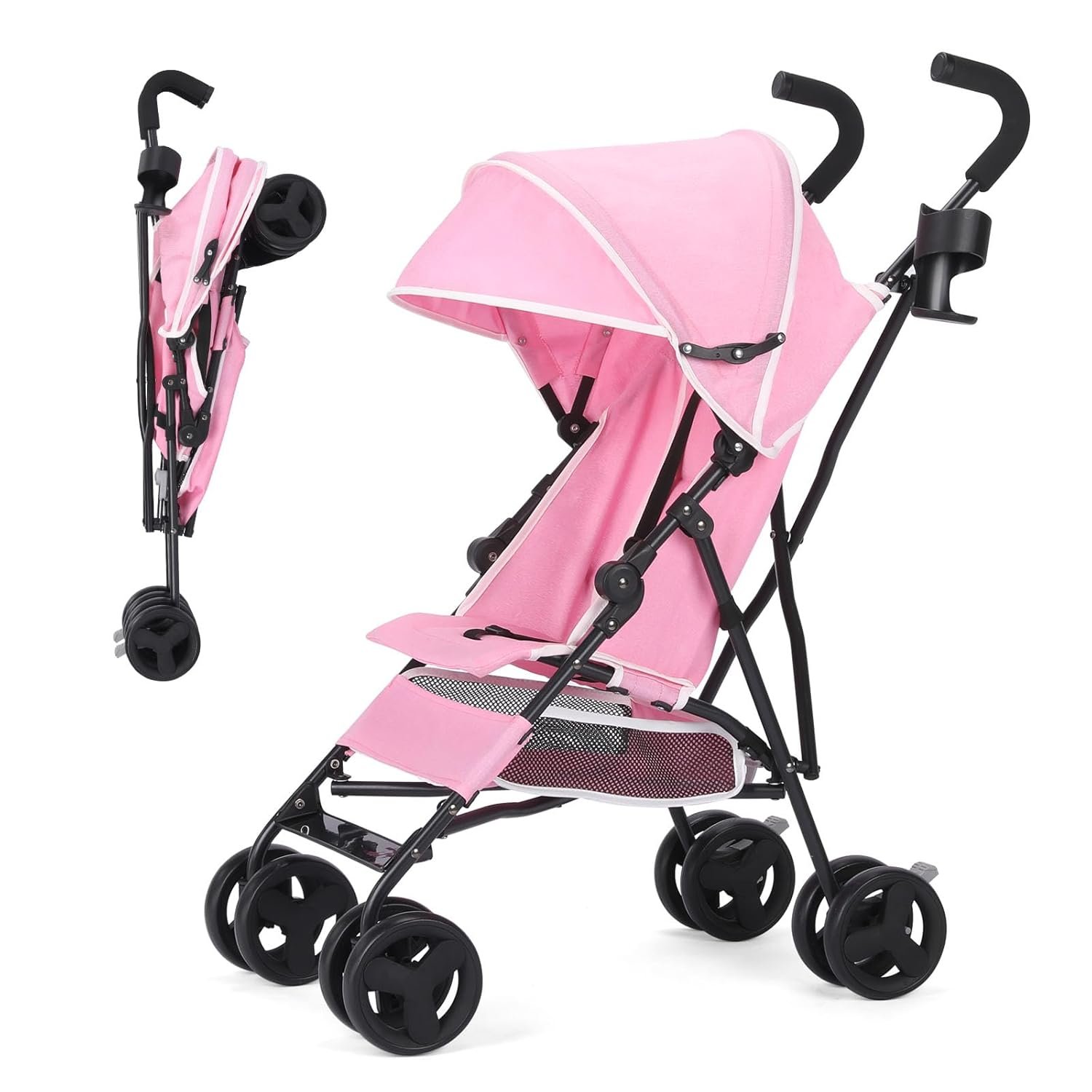 One-Handed Folding Lightweight Stroller, Large Storage Basket, Canopy, Cup Holder, Compact Umbrella Stroller Durable Frame, 3-36M Travel Stroller for Airplane Ultra Overhead Friendly (Pink)