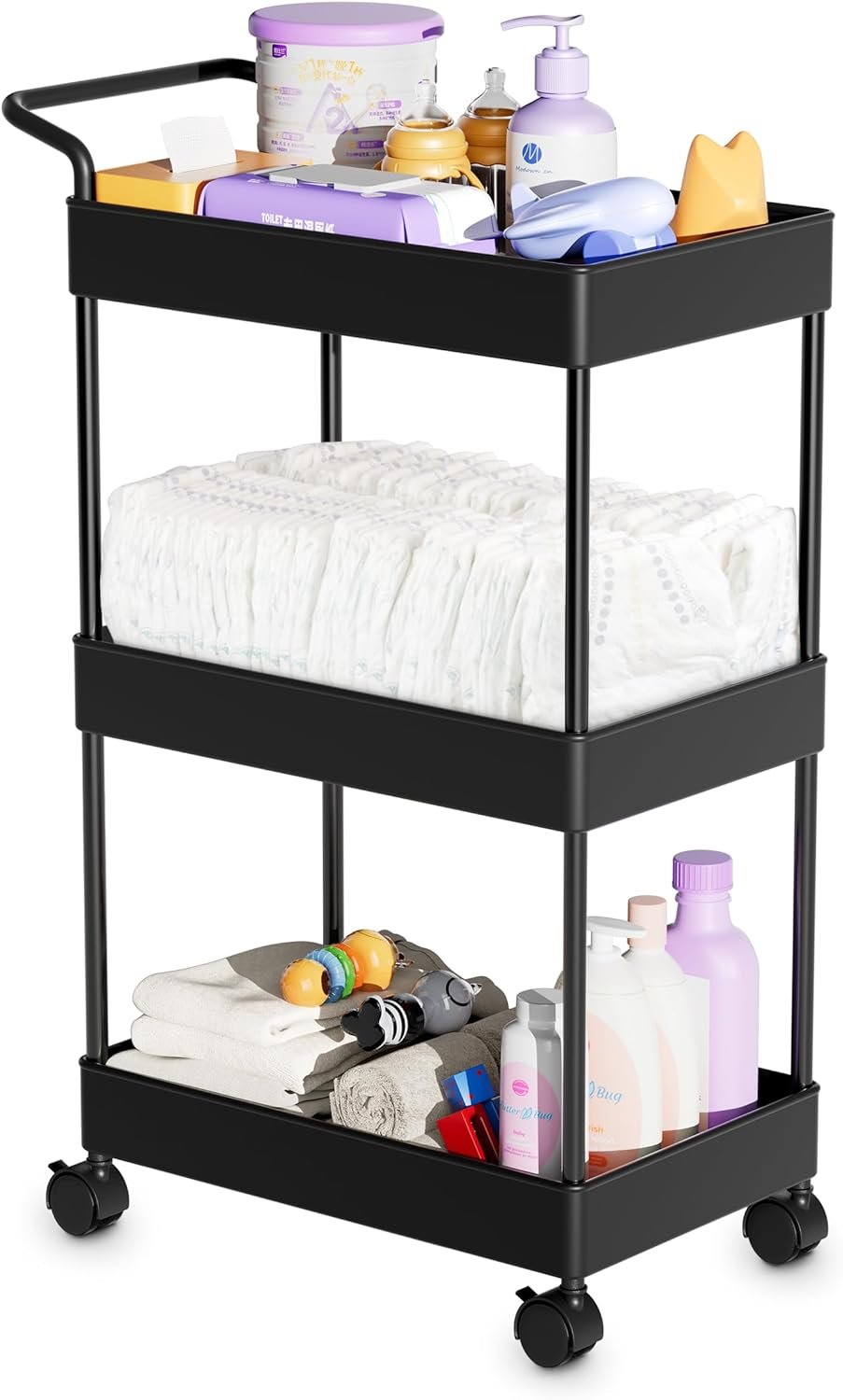 Volnamal Diaper Caddy – Plastic Diaper Organizer for Nursery Essentials, Baby Organizers and Storage, Movable Cart for Changing Table & Crib, Baby Registry Search, Black