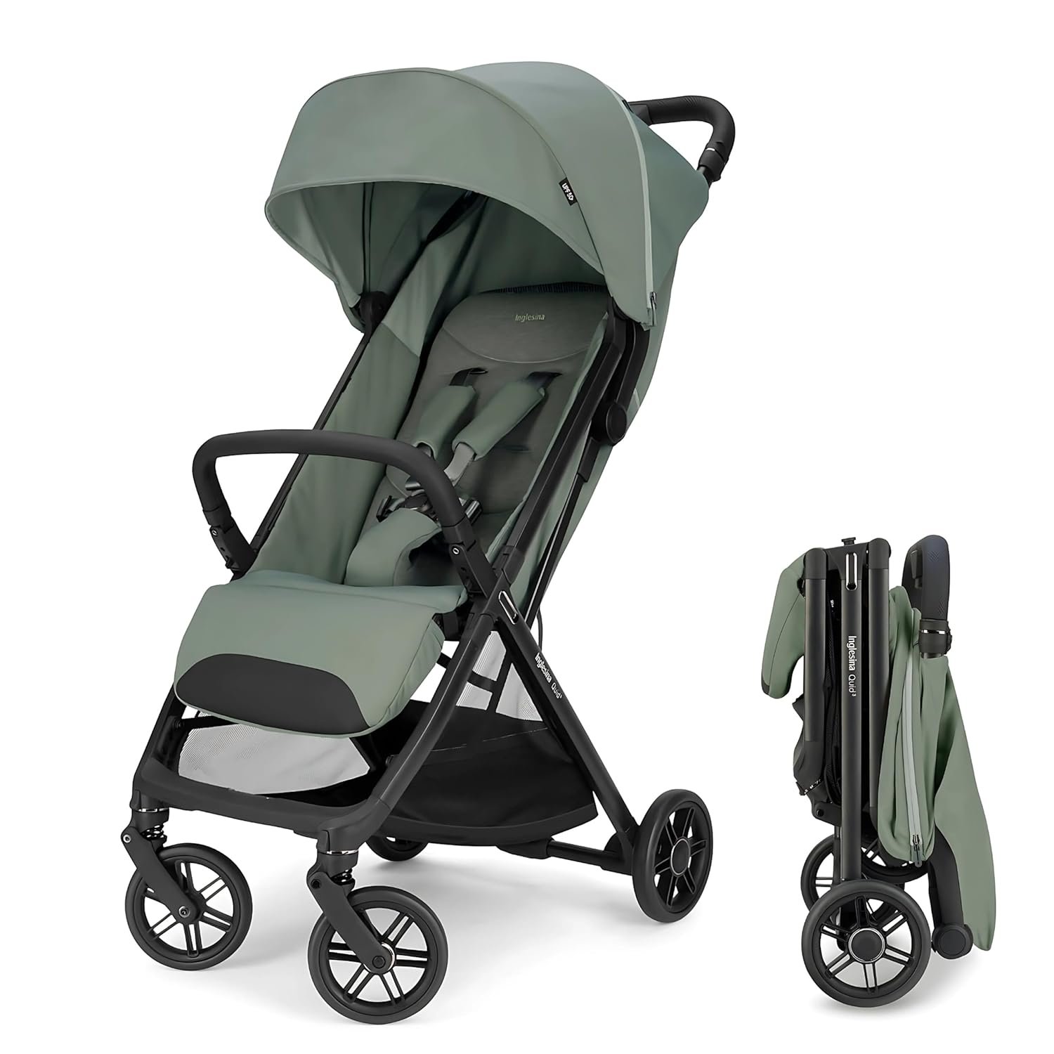 Inglesina Quid³ Lightweight Compact Travel Stroller for Baby & Toddler 0-55 lbs – One-Hand Fold, Reclining Seat, Airline Approved, Car Seat Compatible, UPF 50+ Canopy – Planet Green
