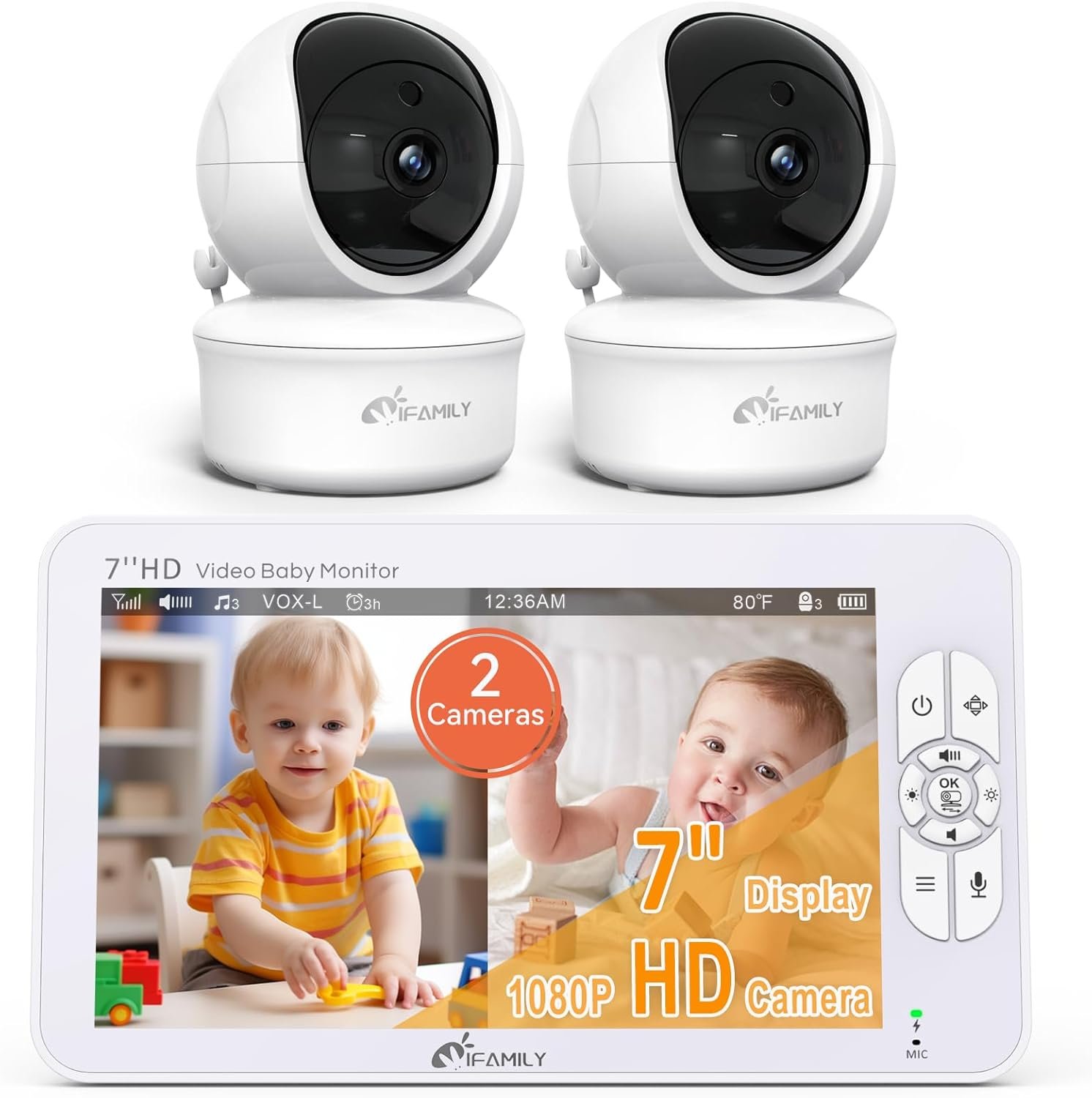 iFamily 7″ Large Split Baby Monitor with 2 HD Cameras and Audio, 1080P HD Video Baby Monitor No WiFi,Hack Proof, up to 120hr Battery Life, Built-in White Noise& lullabies