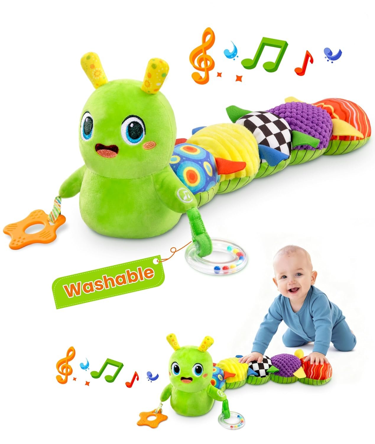 Baby Toys 0-6 Months, Washable Baby Musical Caterpillar Toys with 10 Children’s Songs,Rattles,Teething Toys,Suitable for 0-6, 6-12 Months Infant Tummy Time Toy,Newborn Baby Boy&Gril Toy(Green)
