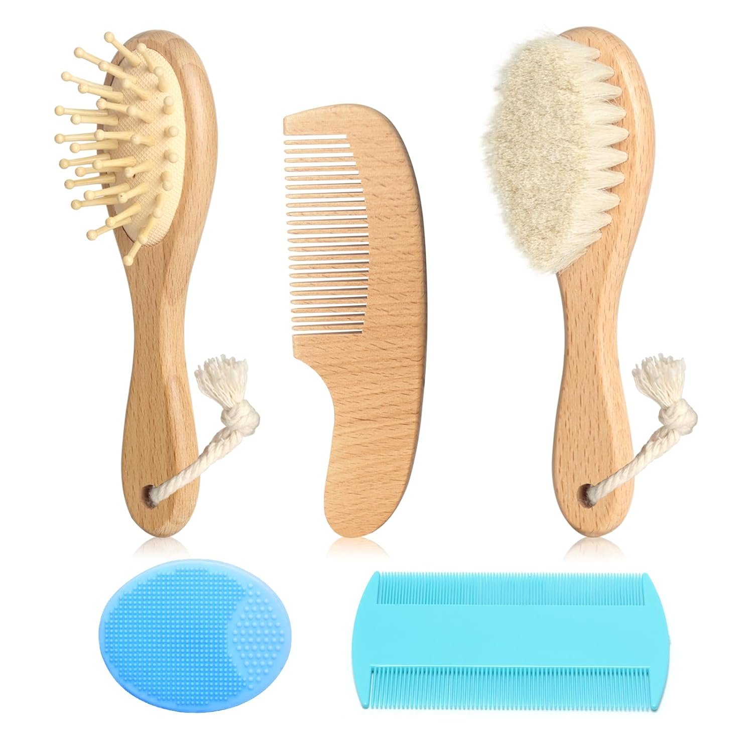 Wooden Natural Goat Bristle Brush and Cradle Cap Comb Set – 5 in 1 Baby Grooming Kit for Newborns, Toddlers, Boys, and Girls (Blue)