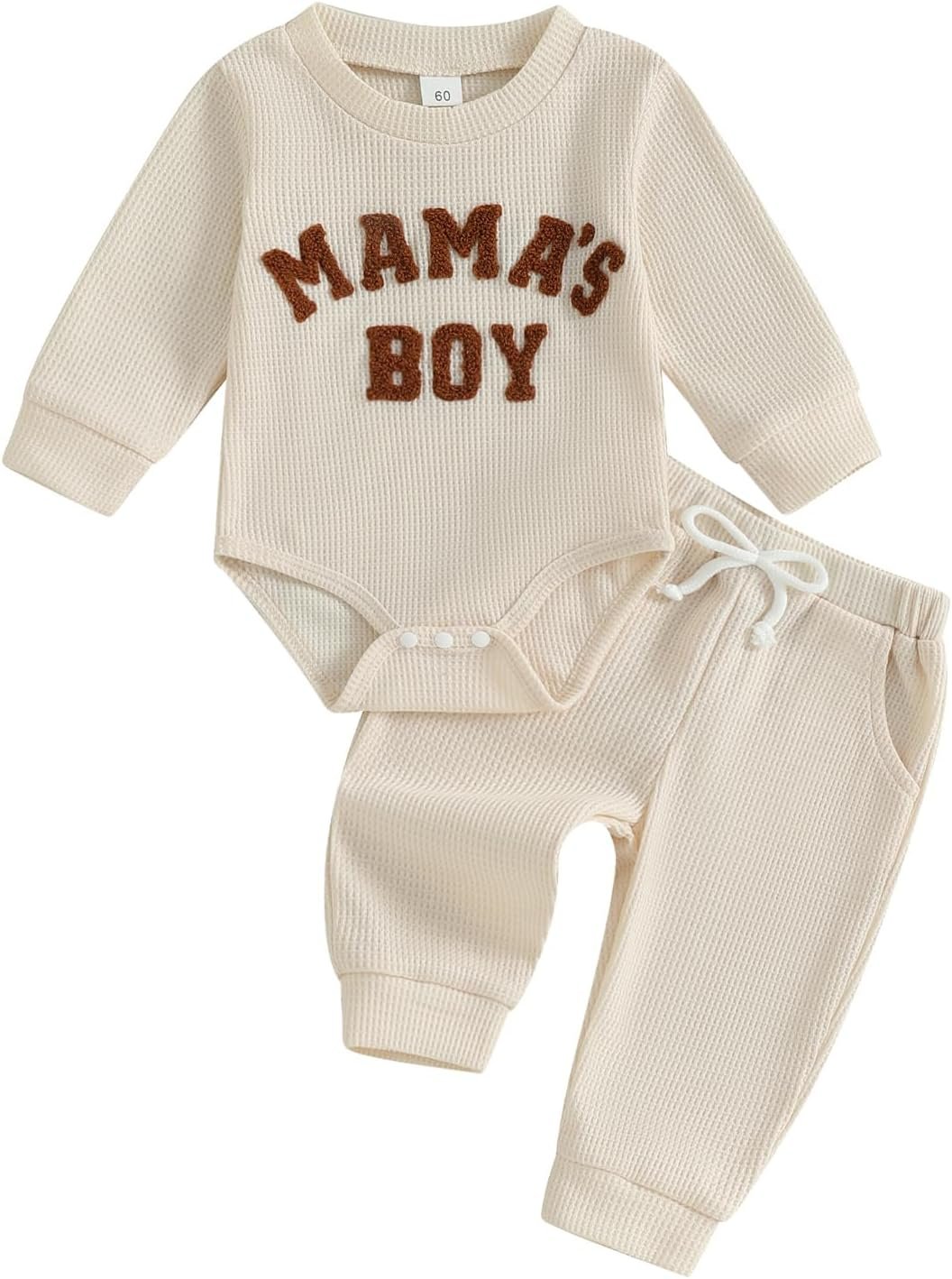 MERSARIPHY Newborn Baby Boy Fall Winter Clothes Mama’s Boy Little Dude Outfit Embroidery Waffle Knit Romper Pants Sets
