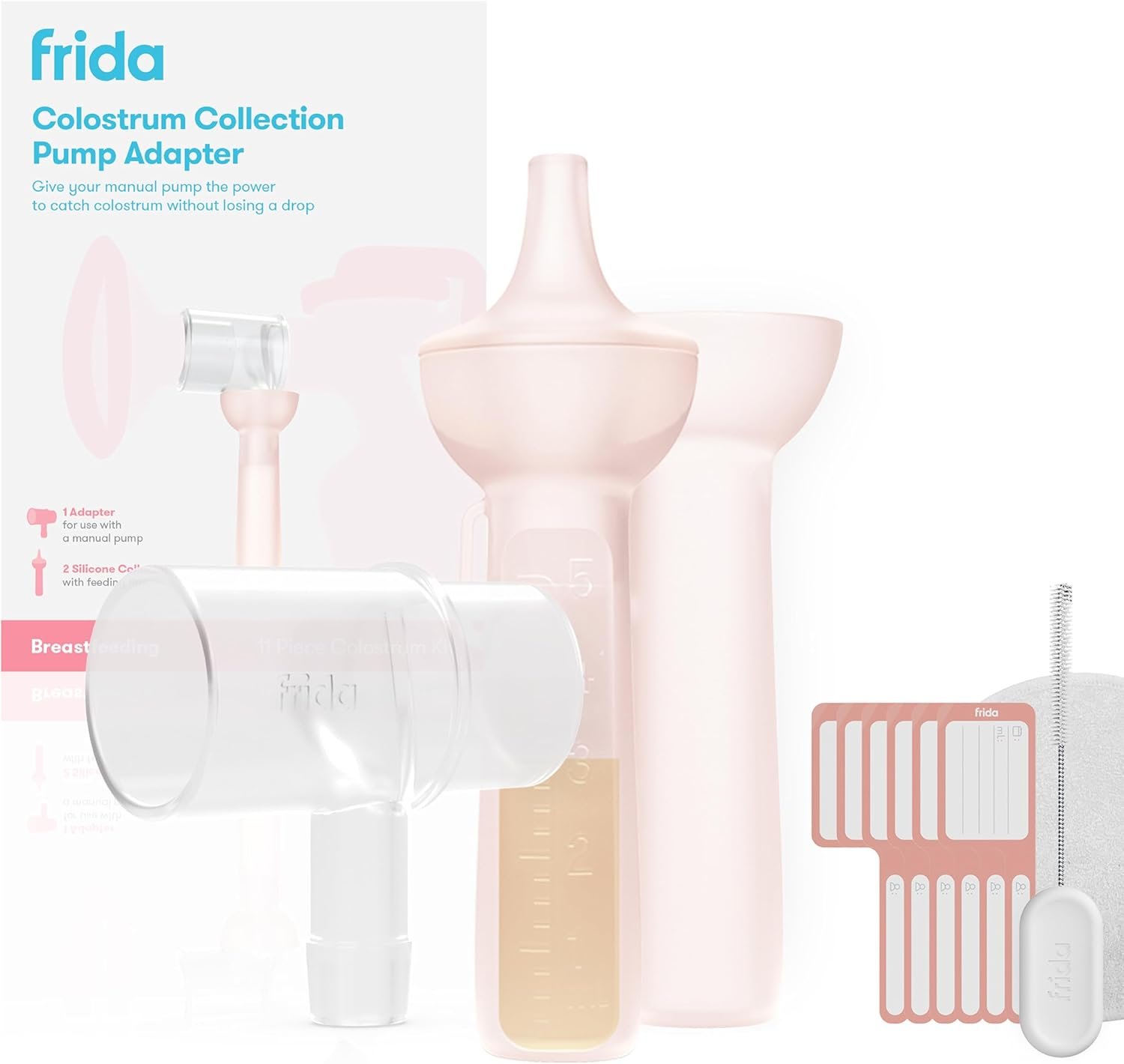 Frida Mom Colostrum Pump Adapter, Connects to Frida Manual Breast Pump to Catch Colostrum, Includes Adapter, 2 Colostrum Collectors, 6 Labels, Cleaning Brush & Cloth, Safe Materials, 11pc kit
