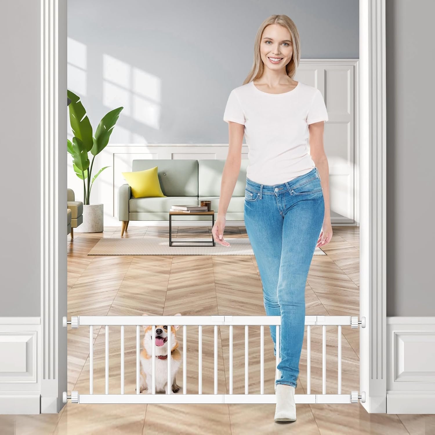 Fldofaves Dog Gate – 18″-45″ Adjustable Extra Wide Metal Baby Gate to Step Over, 10″ Tall Small Pet Gate with 3 Extension Kits, Pressure Mounted for Doorways & Stairs