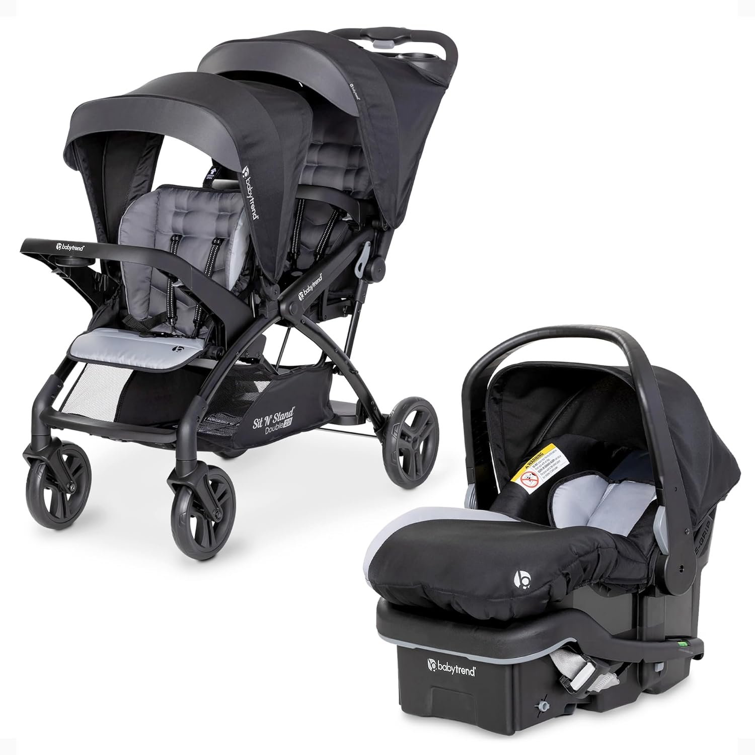 Baby Trend Infant and Toddler Double Stroller & Car Seat Combo, 2 Pc Set, Stormy – Lightweight and Compact Travel Stroller and Carseat Tandem for Babies, Infants, and Toddlers