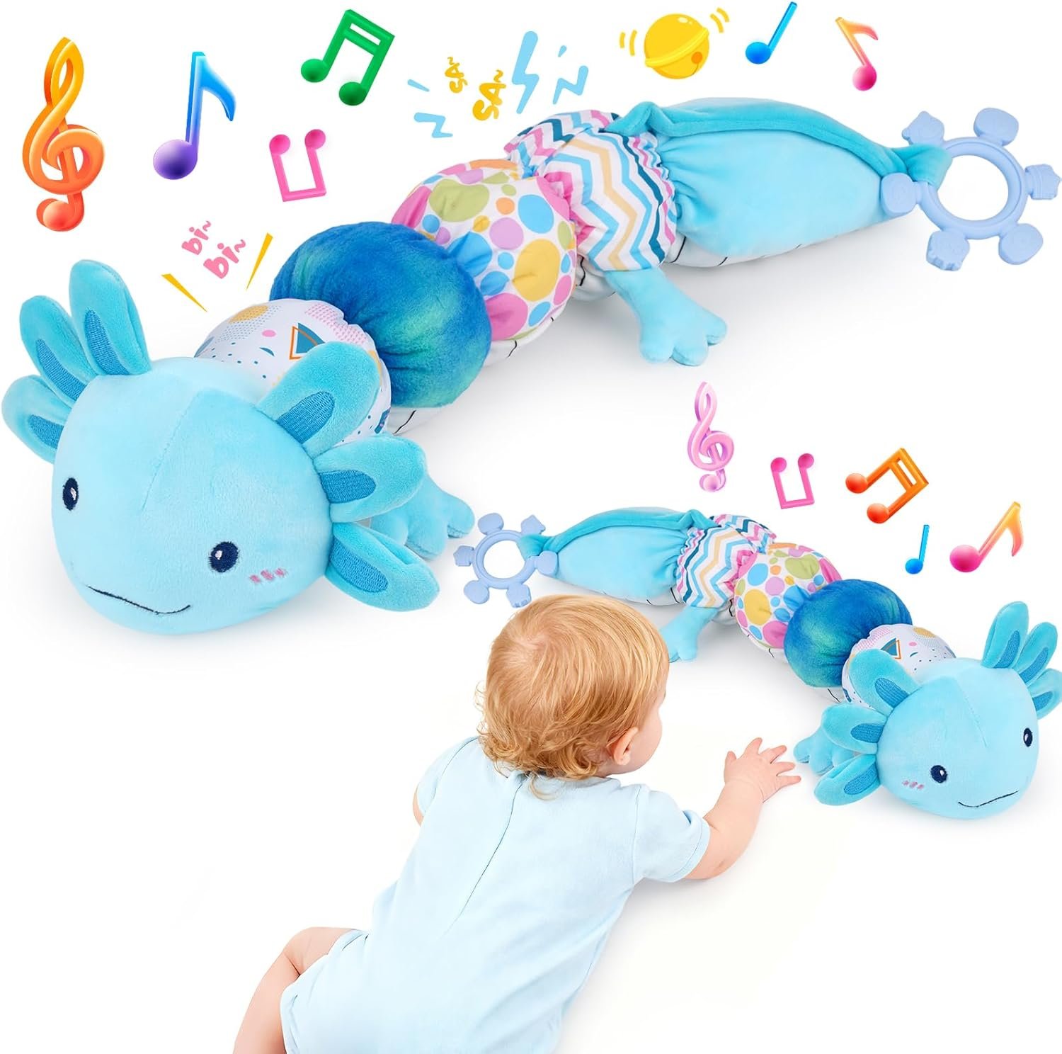 Baby Toys 6-12 Months, Musical Caterpillar Tummy Time Toys with Crinkle, Rattle, Squeaker & Teether, Kawaii Sensory Toys for Babies 0 1 2 3 4 5 6+ Months, Crinkle Toys Newborn Baby Gift