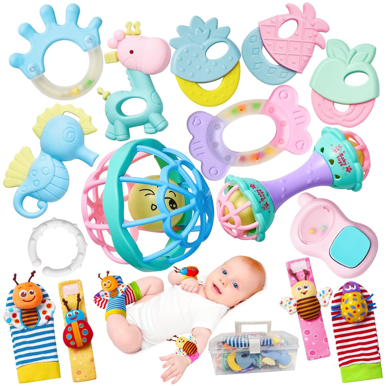 15PCS Rattles for Babies 0-6 Months – BPA-Free Baby Rattles 0-3, 6-12 Months for Newborn Soft Teething Toys Infant Toys with Wrist & Ankle Rattles, Baby Gift Set with Box for Hand-Eye Coordination