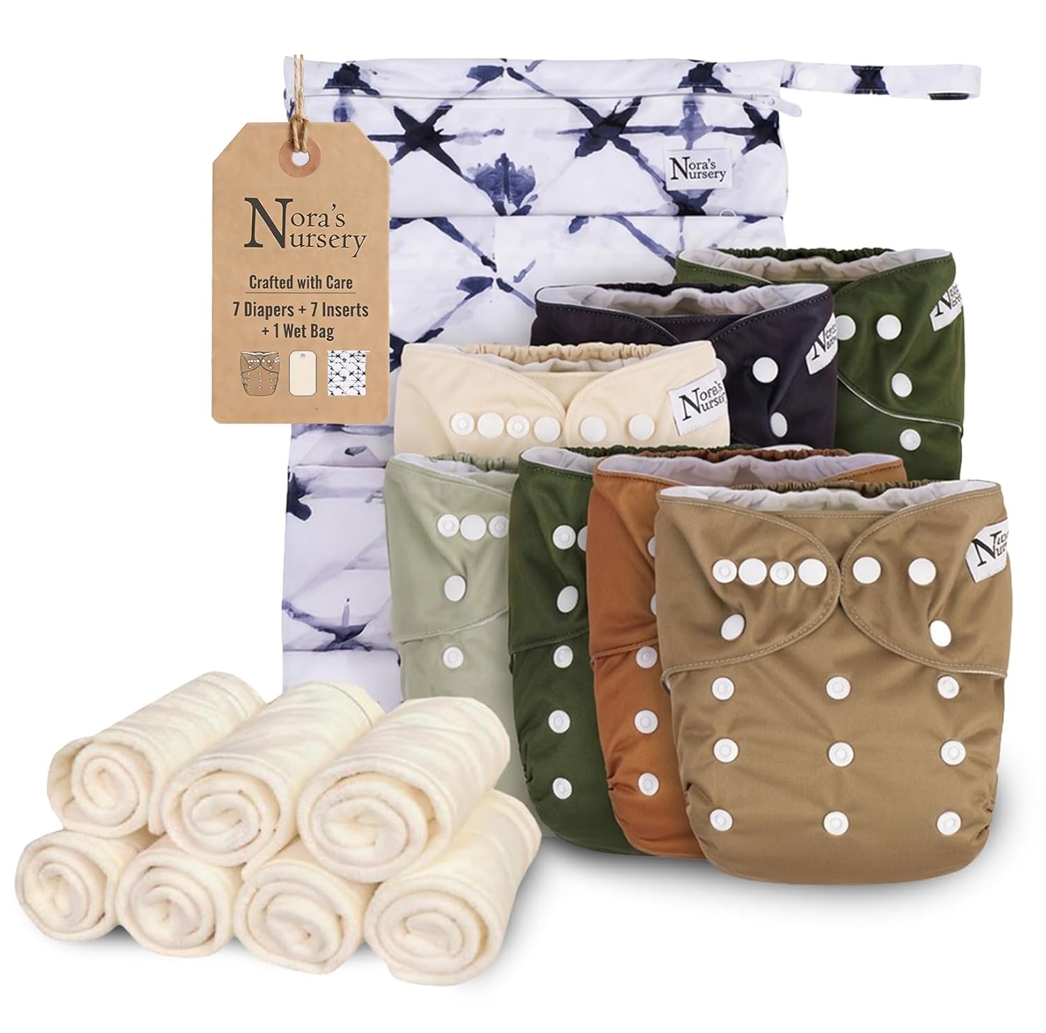 Nora’s Nursery Cloth Diapers for Babies (Down to Earth) – 7 Adjustable Baby Reusable Diapers, 7 Inserts & 1 Wet Bag From Newborns to Toddlers – One-Size Pocket No-Leak, Washable Design to Reduce Waste