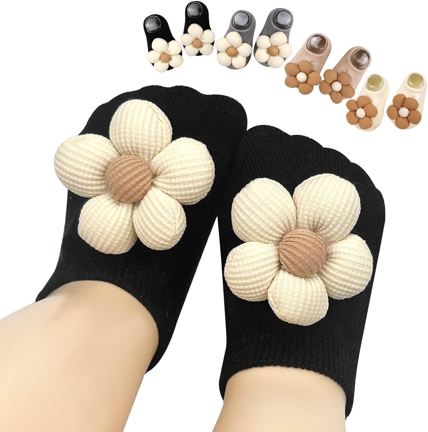 KEAINVRN 4Packs Baby Girls Socks,Flower Non-Slip Grips for Babies Toddler Princess Low Cut Ankle Socks for Girls