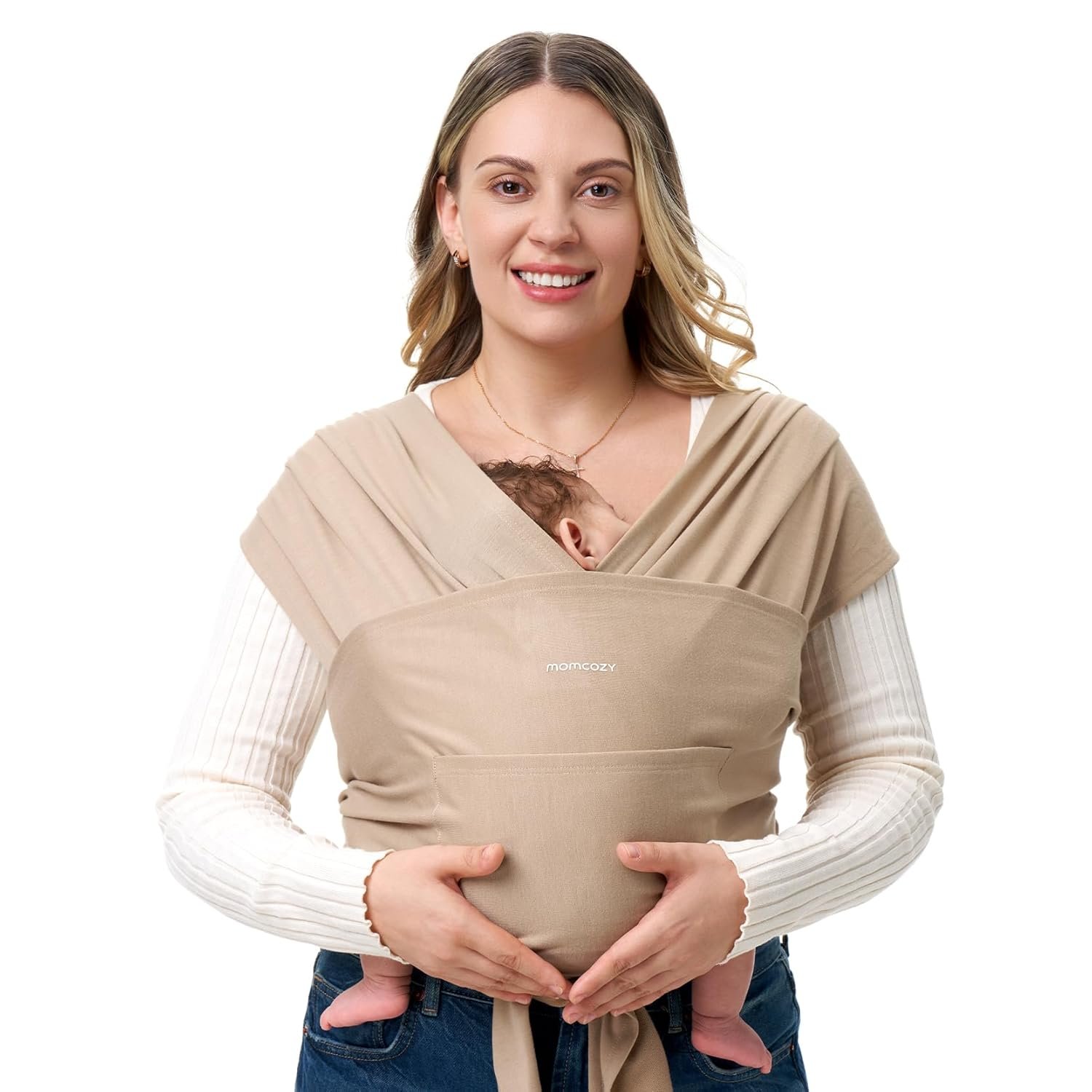 Momcozy Baby Wrap Carrier – Easy to Wear Infant Carrier Slings, Lightweight Hands Free Baby Sling, Adjustable Baby Wraps Carrier for Newborn to Toddler 8-35 lbs, Baby Travel Gear, Light Curry