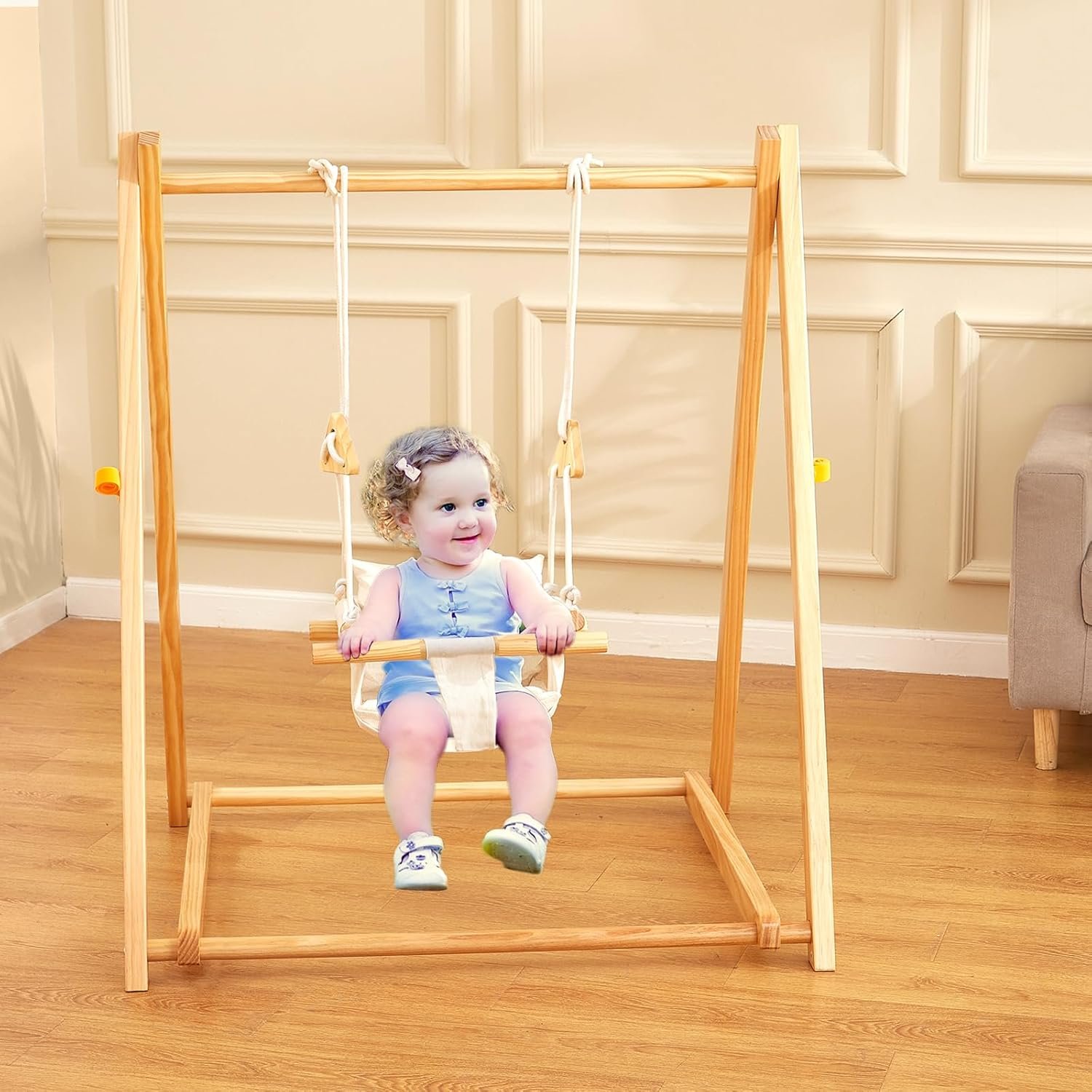 FUNLIO Montessori Wooden Swing Set for Toddlers 6-36 Months, Foldable Indoor Baby Swing Set of Durable Pine, Portable with 4 Sandbags &Extension Straps, Toddler Swing for Indoor/Outdoor