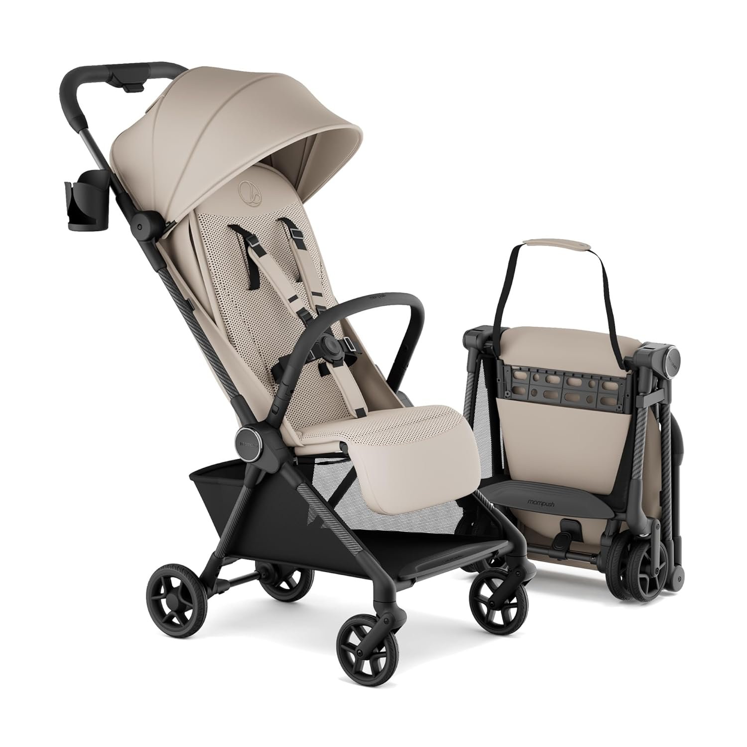 Mompush Nexis Carbon Travel Stroller, Ultra-Lightweight 11.5 lbs, Compact & Airplane Carry-On Approved, One-Second Auto-Fold, One-Hand Full Recline, from Birth to 50 lbs, JPMA Certified, Khaki