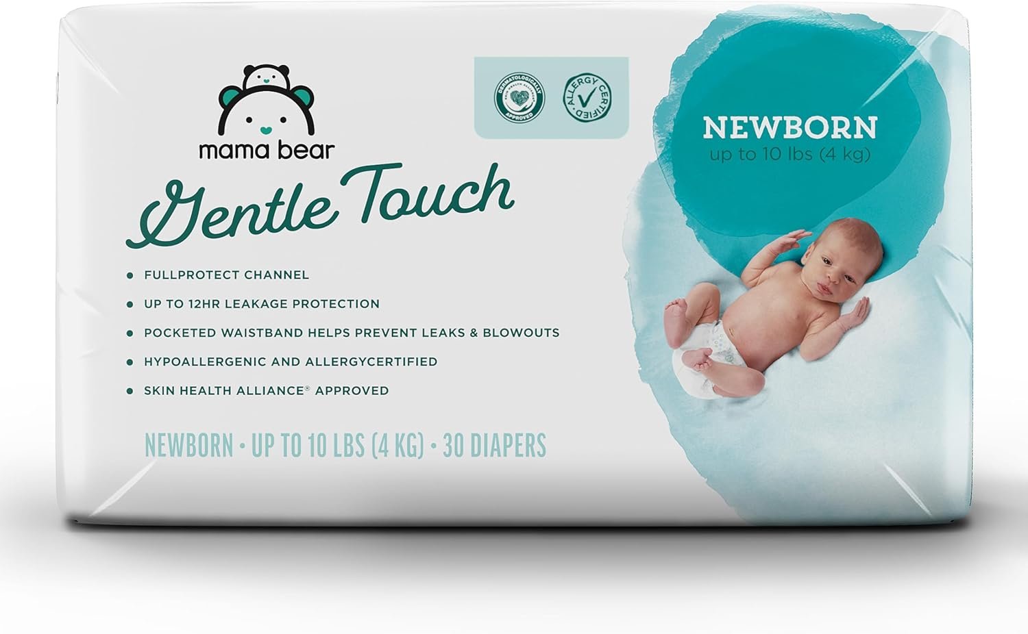 Amazon Brand – Mama Bear Gentle Touch Diapers, Size Newborn, Keeps Baby Dry, Skin Safe, Formulated without Fragrance, 30 Count