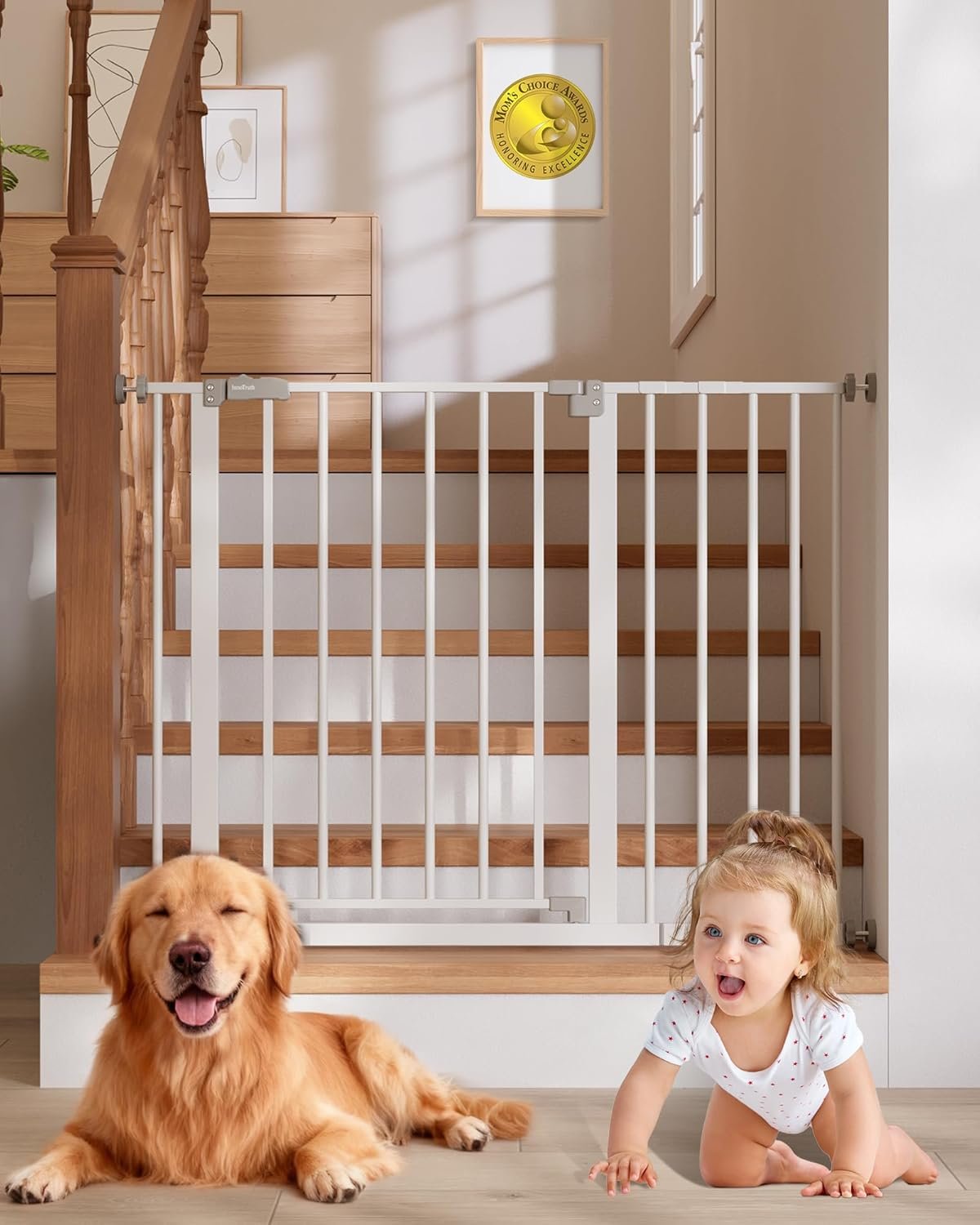 InnoTruth 29.5–40.75″ Baby Gate for Stairs, 30″ Tall Dog Gates for Doorways & Hallways, Safety Gate for Kids & Pets, Pressure-Mounted Walk-Through with Dual Lock & 2-Way Swing, White
