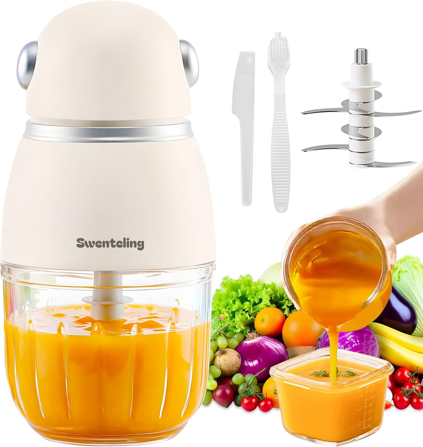 Baby Food Maker, Creamy White Baby Food Blender, 10oz Food Puree Maker, Food Processor for Foods Fruit Vegetable Meat, 8-Second Quick Soft Food Prep，BPA-Free